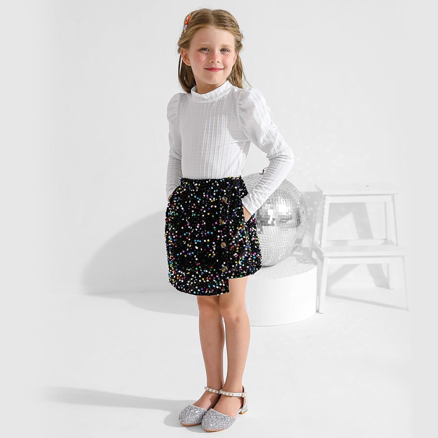 Bkixhv Baby Girls Clothes, Toddler Girls Skirt Set, Autumn Outfits, Long Puff Sleeves, Tops and Sequin Mini Skirt