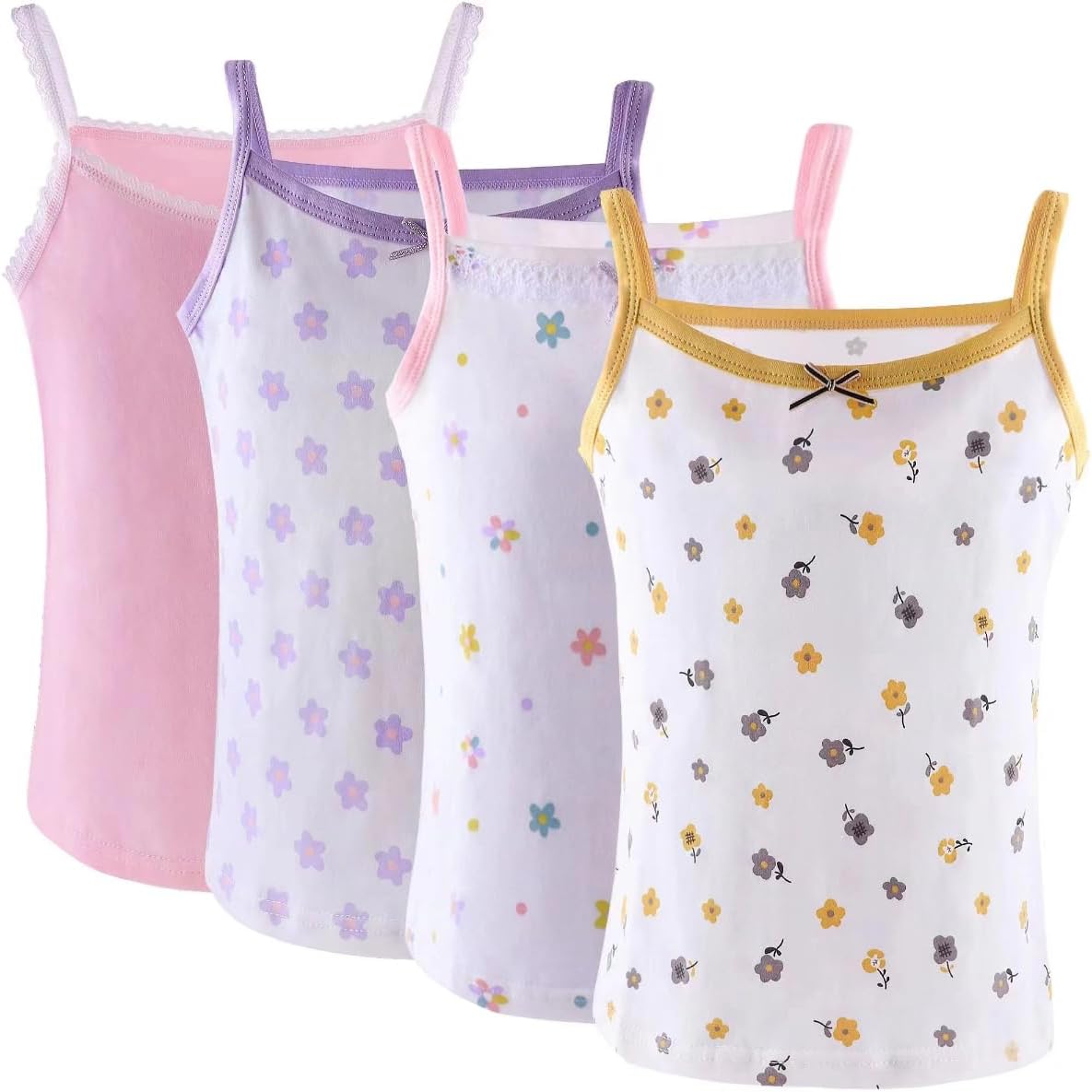 Yintry Girls' Printed Undershirts Cotton Undershirt/Tank Tops for 2-12 Years Elastic Cami Vests 4-Pack
