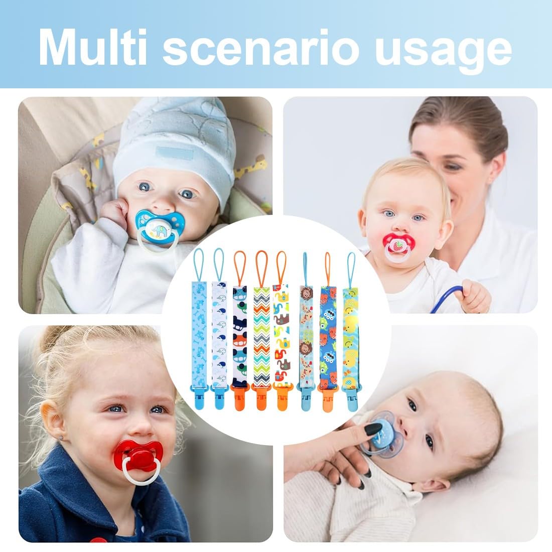 8 Stück Schnullerketten, Polyester Schnullerketten, Baby Schnullerketten Clips, Mädchen und Jungen Schnullerketten, gewebte Schnullerketten