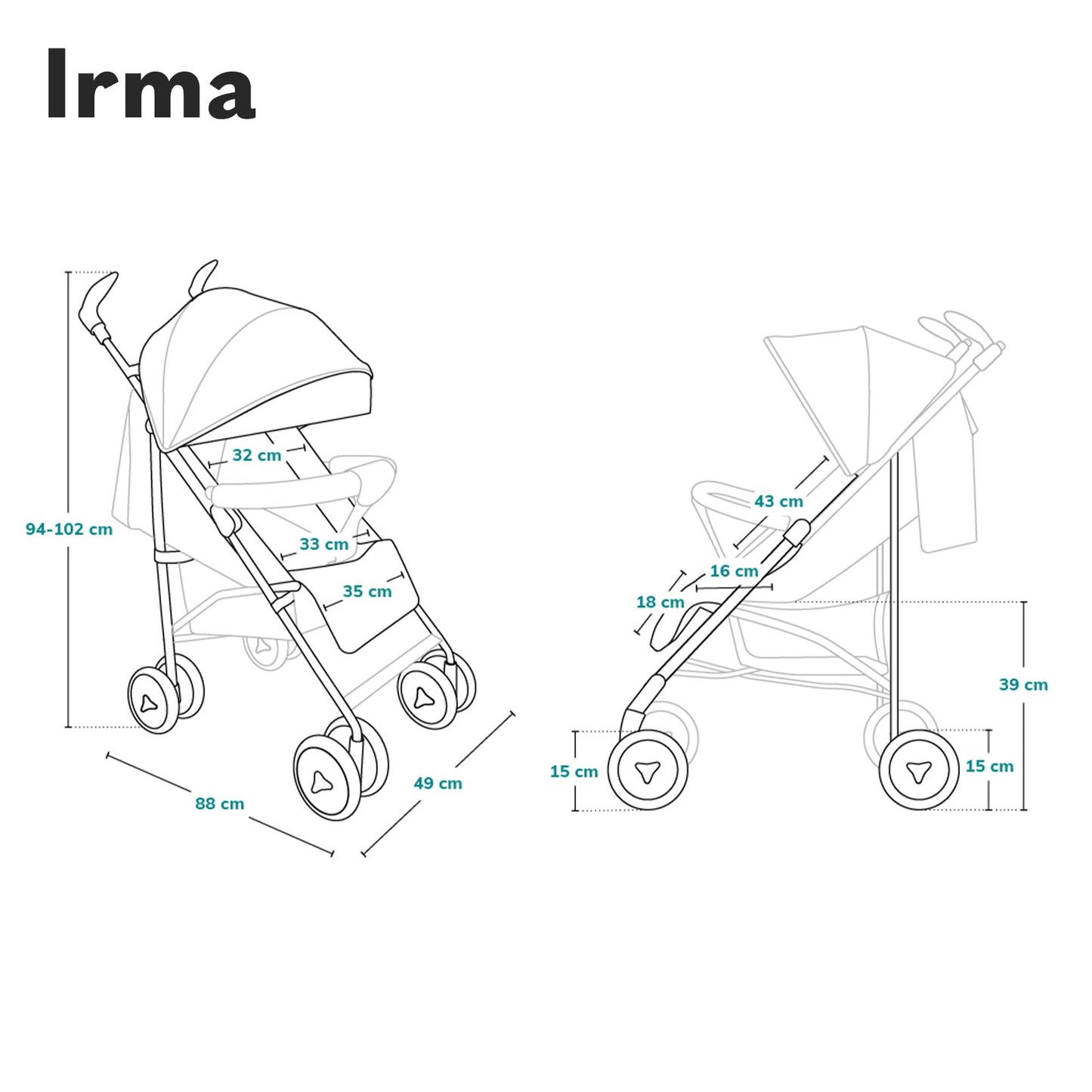 Lionelo Irma Pushchair up to 15 kg, Lightweight Modern Pushchair with Reclining Function, Foldable, Large 6 Inch Wheels, Large Basket, Bag, Mosquito Net