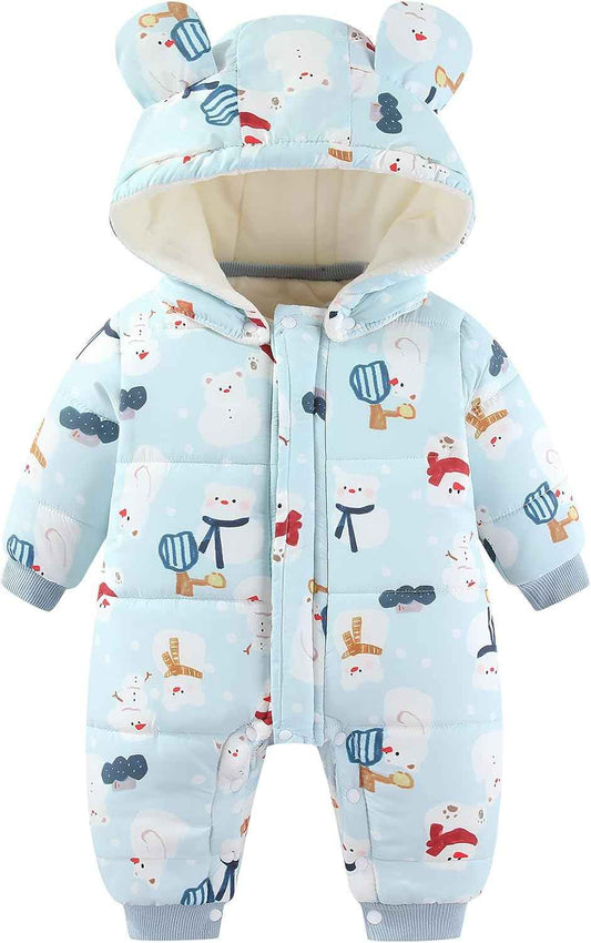 JiAmy Baby Snowsuit, Toddler Winter Romper Girls Boys Winter Jumpsuit with Hood Long Sleeve Jumpsuit Cute Prints for 3-24 Months