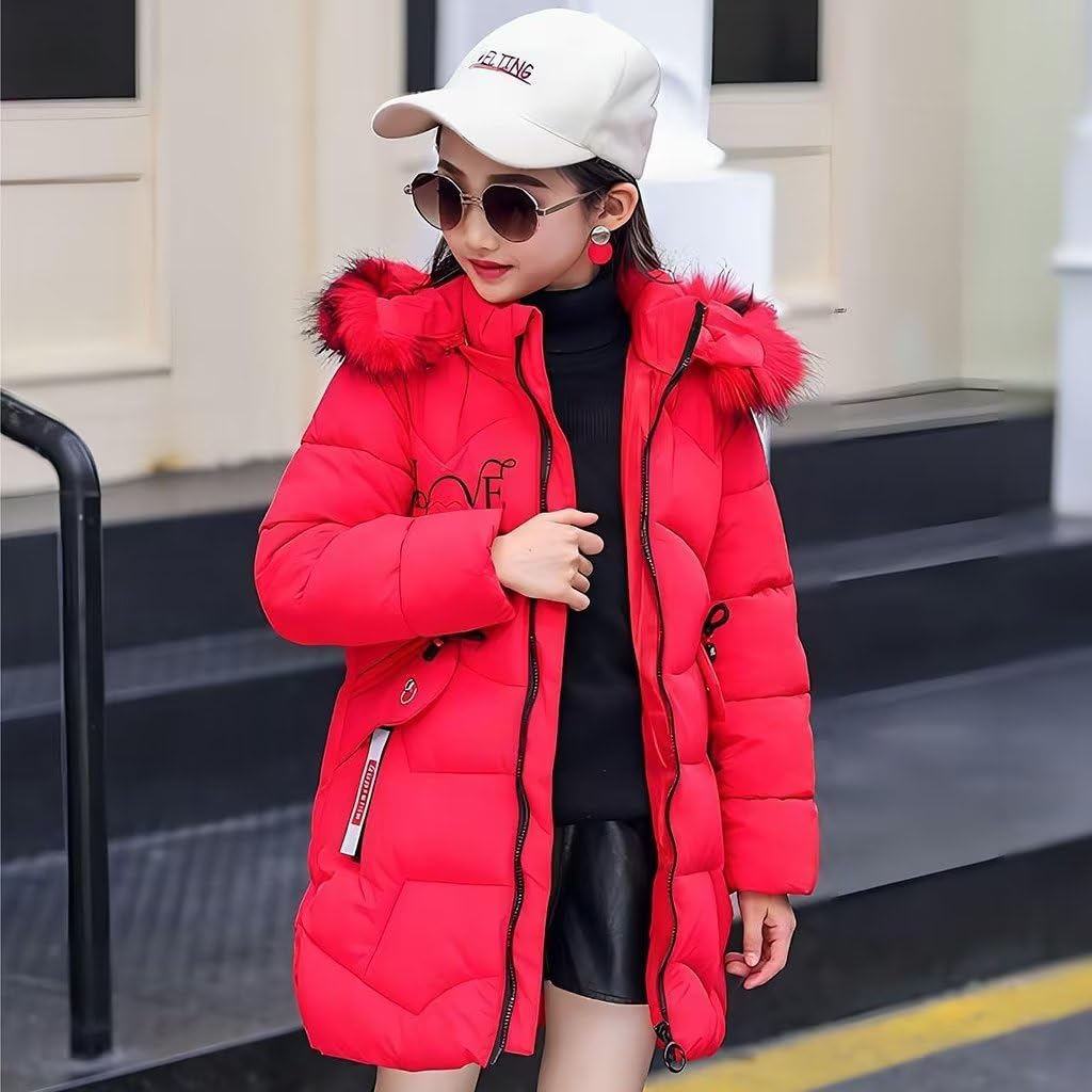linboo Girls' Winter Jacket Children's Winter Coat Thick Quilted Jacket Long Warm Parka Cotton Jacket Outdoor Coat with Fur Hood and Love Embroidery Print