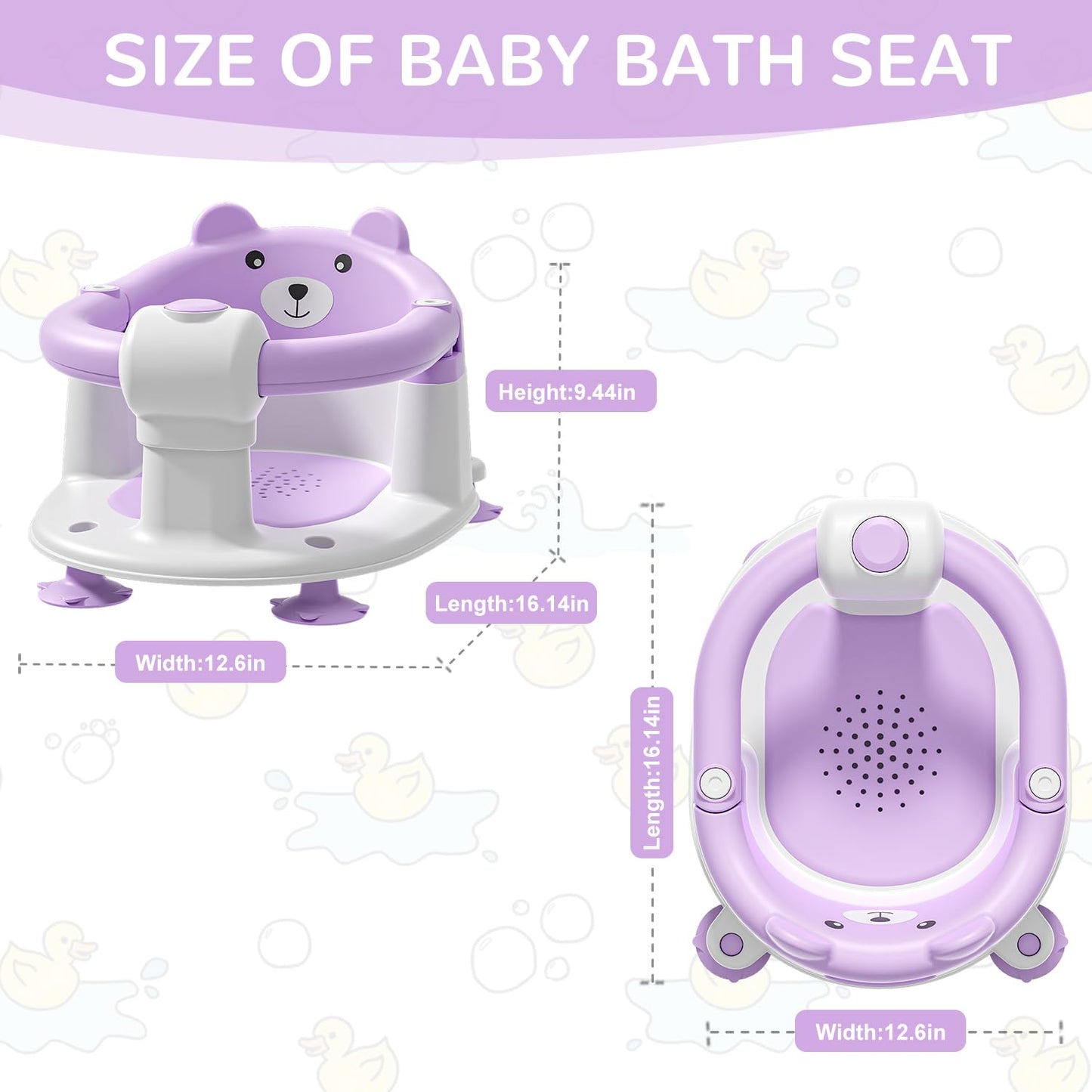 Baby Bath Seat from 6 Months, Bear Non-Slip Bath Seat Baby with 4 Suction Cups and Cushions for Toddlers and Newborns, Safe Portable Bath Chair for Shower or Bathtub, Pink