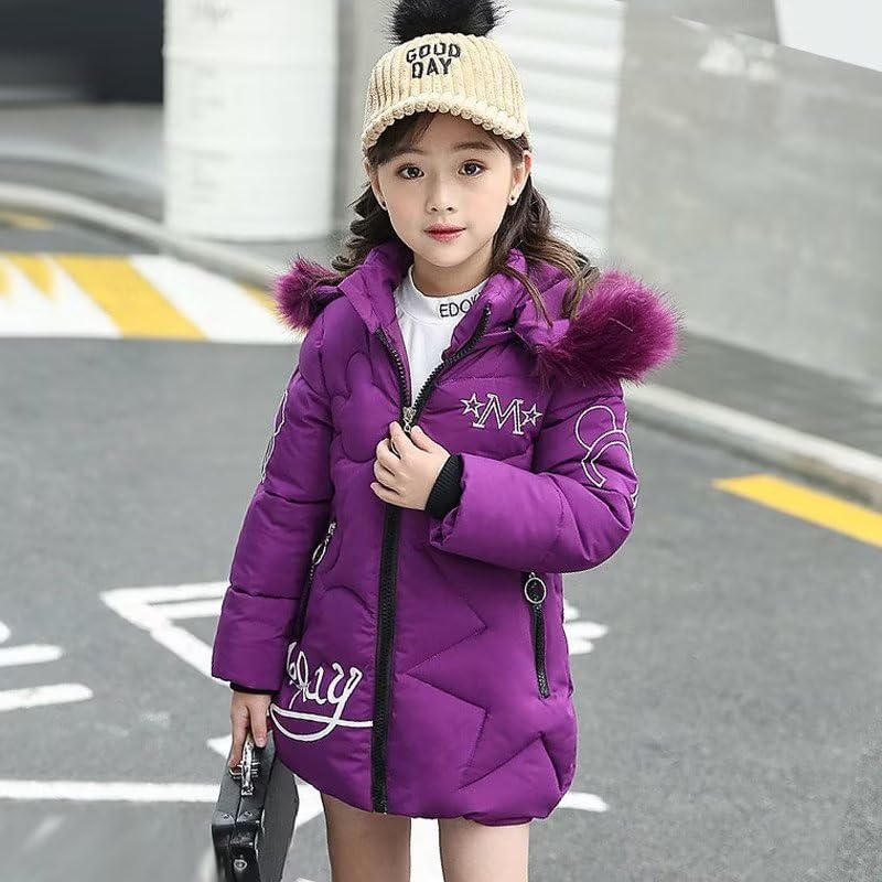 linboo Girls' Winter Jacket with Removable Fur Hood Warm Long Coat Children's Parka Outdoor Jacket with Letters and Cute Patterns
