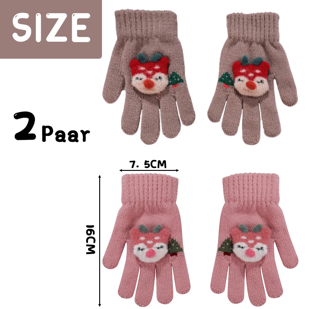 ZDQC 2 Paar Warme Strickhandschuhe Kinder,Süße Handschuhe Kinder,Handschuhe Kinder Stretch,Winter Warme Strickhandschuhe,Vollfinger Handschuhe,Fingerhandschuhe Kinder Winter