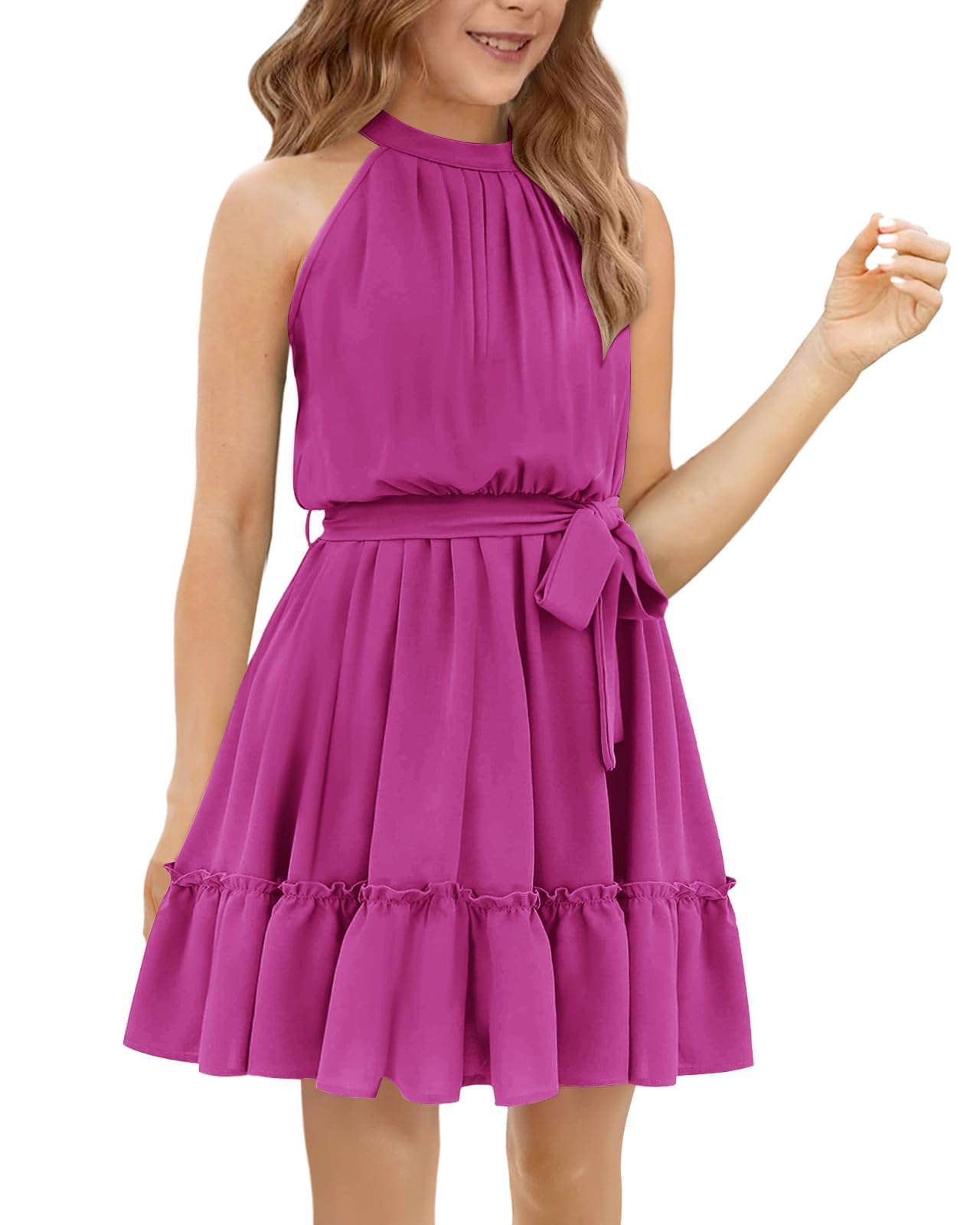 Halomoning Girls Dress Sleeveless Simple Classic Casual Knee Length for Kids Summer Princess Party Wedding Tie Waist A-Line