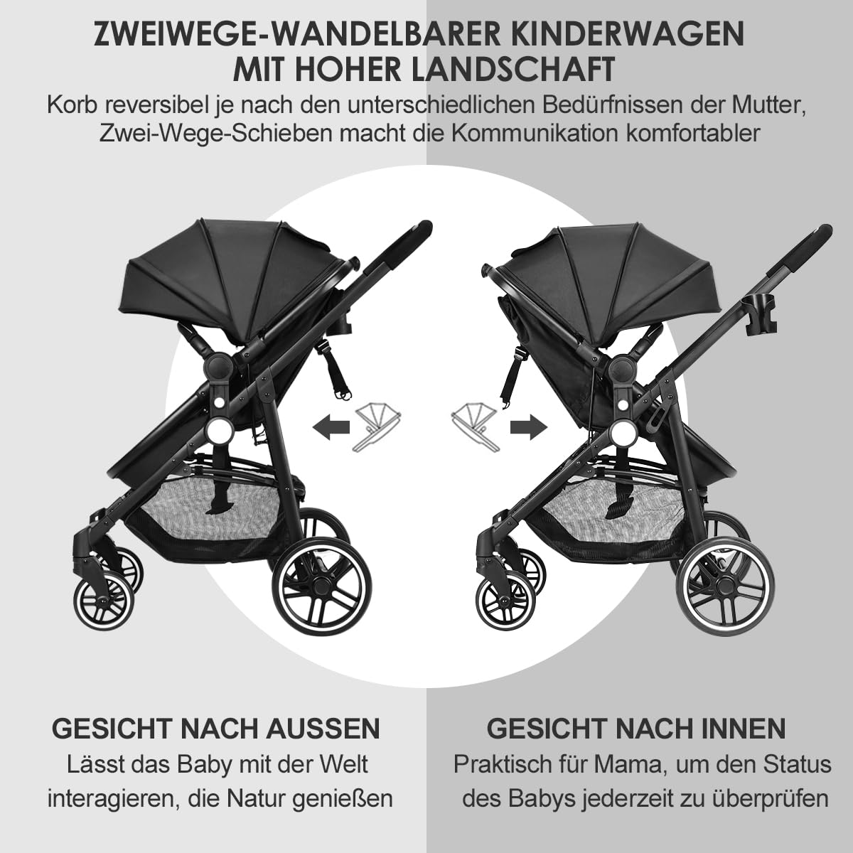 DREAMADE Kinderwagen klappbar, 3 in 1 Buggy mit umkehrbarem Sitz, Verdeck, Aufbewahrungskorb, Becherhalter & 5-Punkt-Sicherheitsgurt, Reisebuggy für Baby 0-6 Monate (Schwarz)