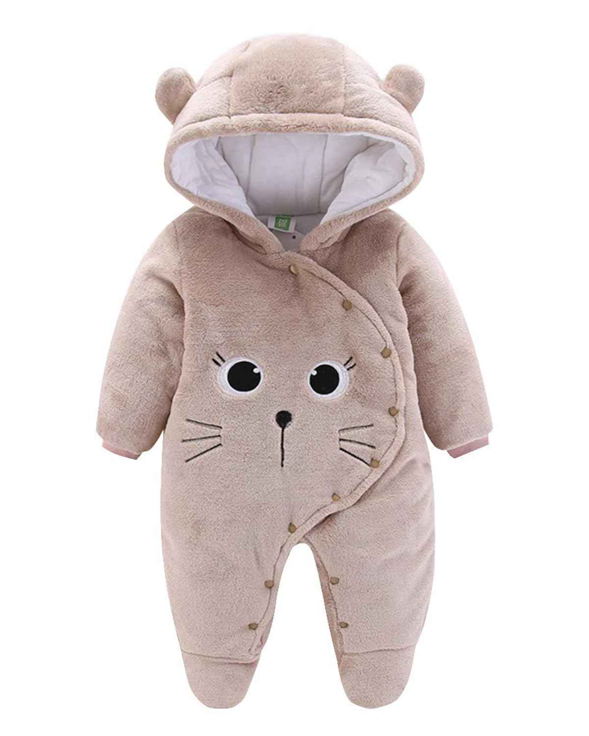 JiAmy Baby-Overall Baby-Strampler Flanell Winter-Strampelanzug mit Füßchen Kapuze Cartoon,Khaki 6-9 Monate