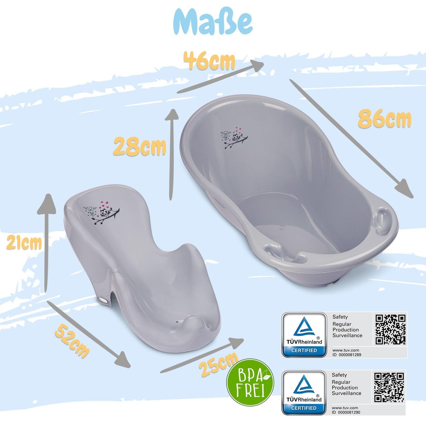 Baby Badewanne mit Gestell 4 Set TÜV Rheinland zertifiziert! Babybadewannen + Baby Badewannensitz +Abfluss + Gestell - Babywanne mit Ständer! Baby Pflegeset für Neugeborene.