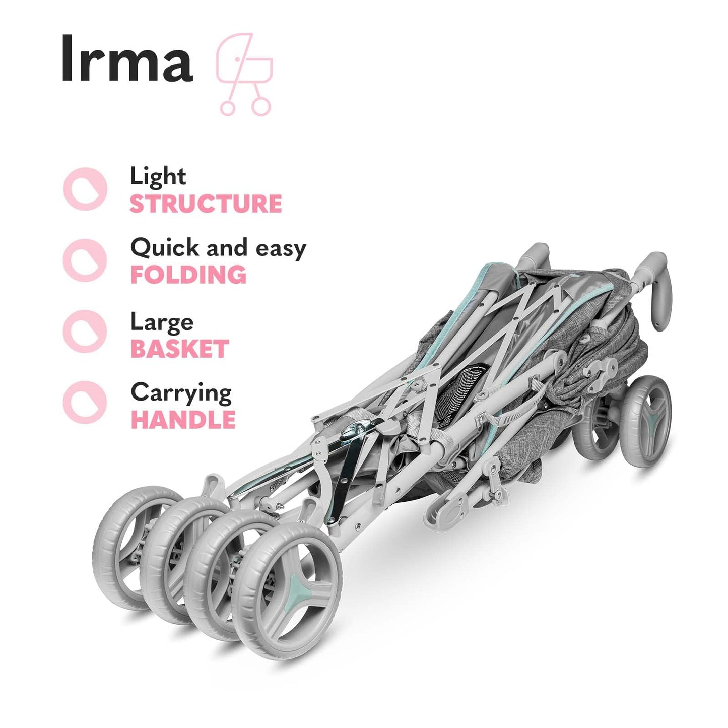 Lionelo Irma Pushchair up to 15 kg, Lightweight Modern Pushchair with Reclining Function, Foldable, Large 6 Inch Wheels, Large Basket, Bag, Mosquito Net