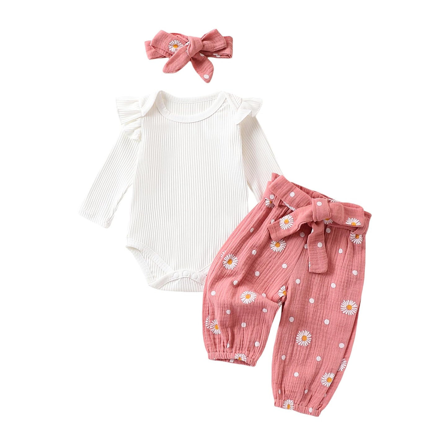 Geagodelia Baby Mädchen Kleidung Babykleidung Outfit Set Langarm Body Strampler + Gänseblümchen Hose + Stirnband Neugeborene Weiche Babyset