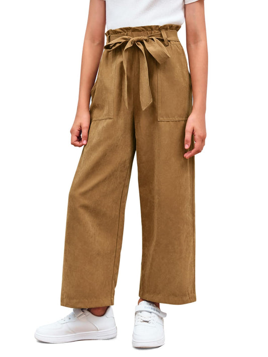 Haloumoning Girls Wide Leg Palazzo Pants High Waist Fashion Bootcut Elastic Paperbag Casual Trousers with Belt