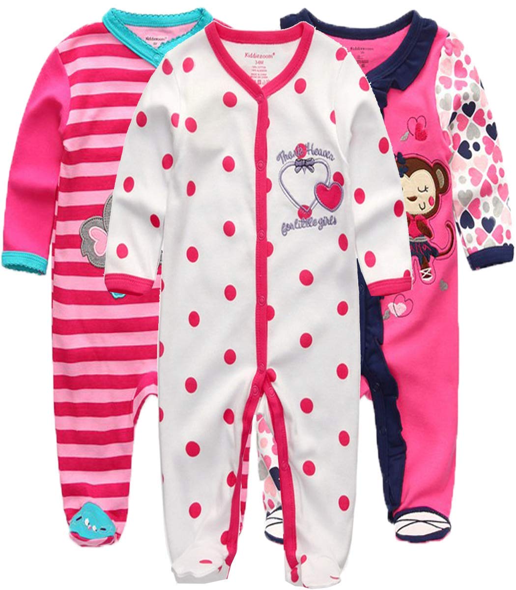 Kiddiezoom Unisex Baby Boys Girls Sleepsuit Pajamas Cotton Overalls Rompers, 3 Pack
