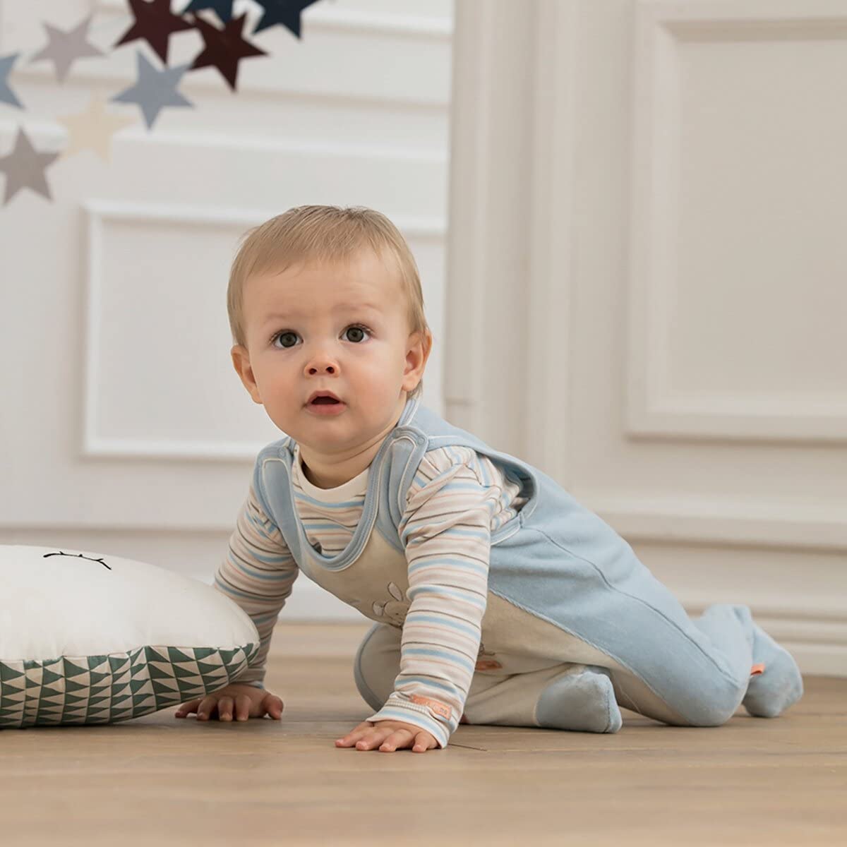Bornino Nicki Romper Set Bear and Bunny, Romper for Boys, Long Sleeve, Embroidered, Cotton-Polyester Blend, Light Blue/Beige