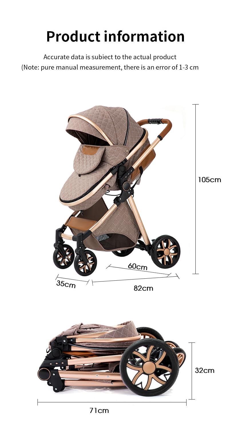 YAZOCO Kinderwagen 3 in 1 Buggy Babybett Komplett Set mit einem Klick Zusammenklappbarer Kinderwagen, KombiKinderwagen Aluminiumrahmen für Neugeborene Sitzzubehör