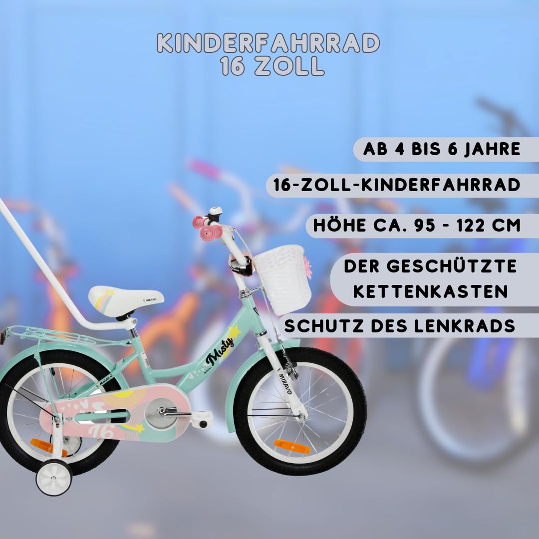 MIRAVO Kinderfahrrad Fahrrad Kinder Ab 2 Bis 8 Jahre Mit Stützrädern Schubstange V-Brake Bremsen Rückstrahl Aufkleber 12 16 20 Zoll Radgröße Korb Für Mädchen Misty - Meloni2