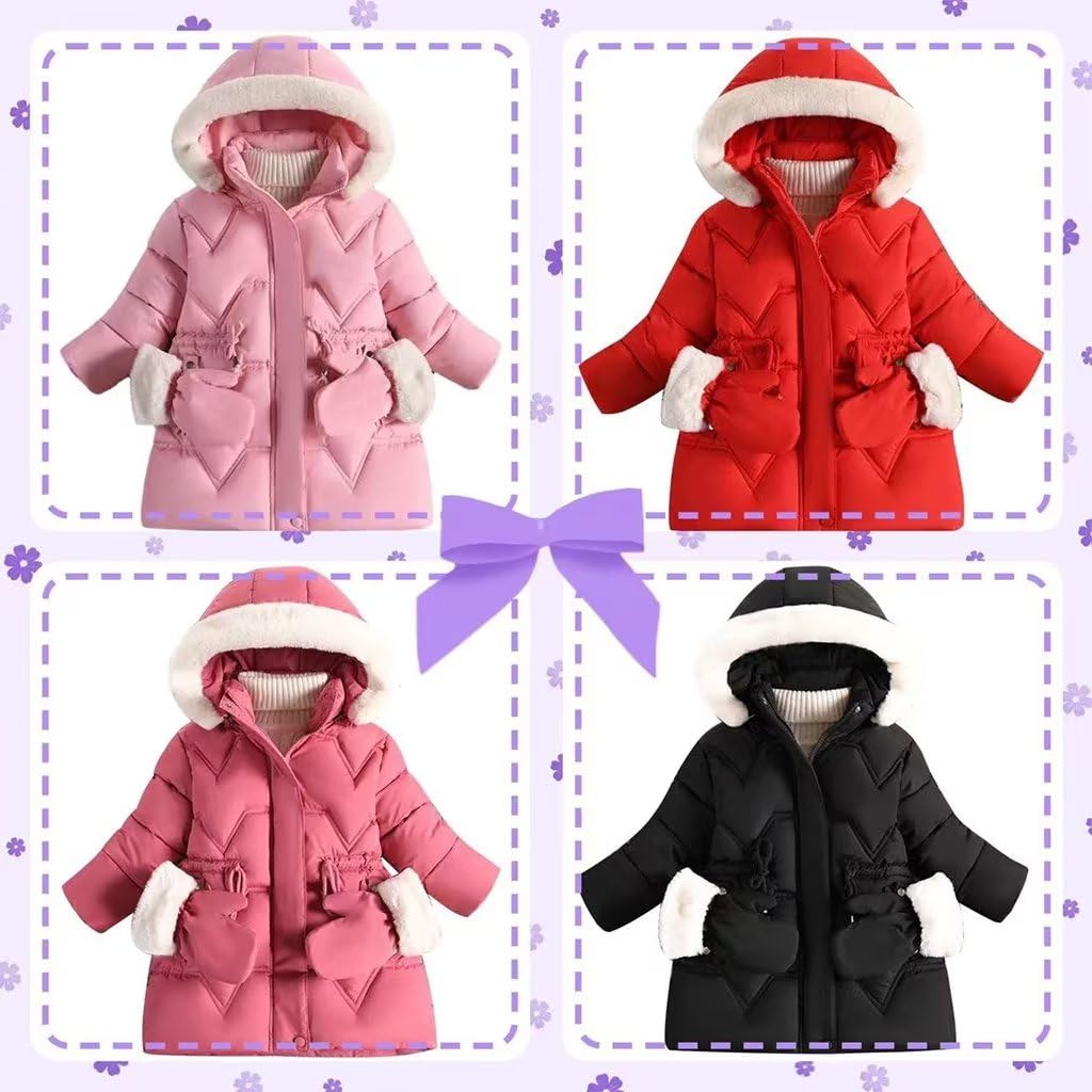 linboo Children's Winter Jacket Girls Jacket Lined Warm Winter Coat Outdoor Hooded Jacket Windproof Parka with Plush Gloves Quilted Jacket