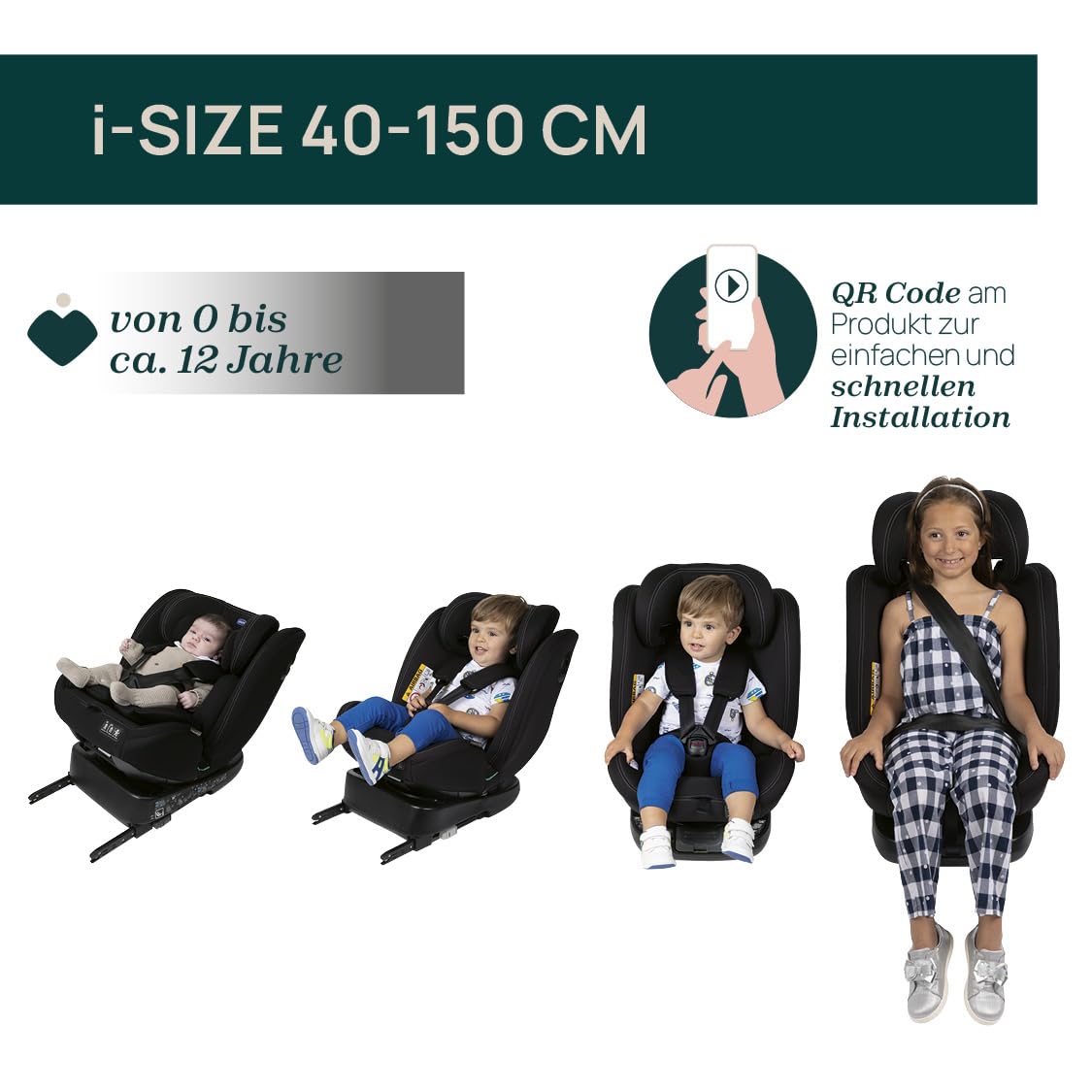 Chicco Unico Evo I-Size, Kindersitz 0-36 Kg, für Kinder von 40 bis 150 cm, homologiert ECE R129/03, Isofix 360° drehbar und neigbar, Gruppe 0+/1/2/3 von 0 bis 12 Jahren, Schwarz