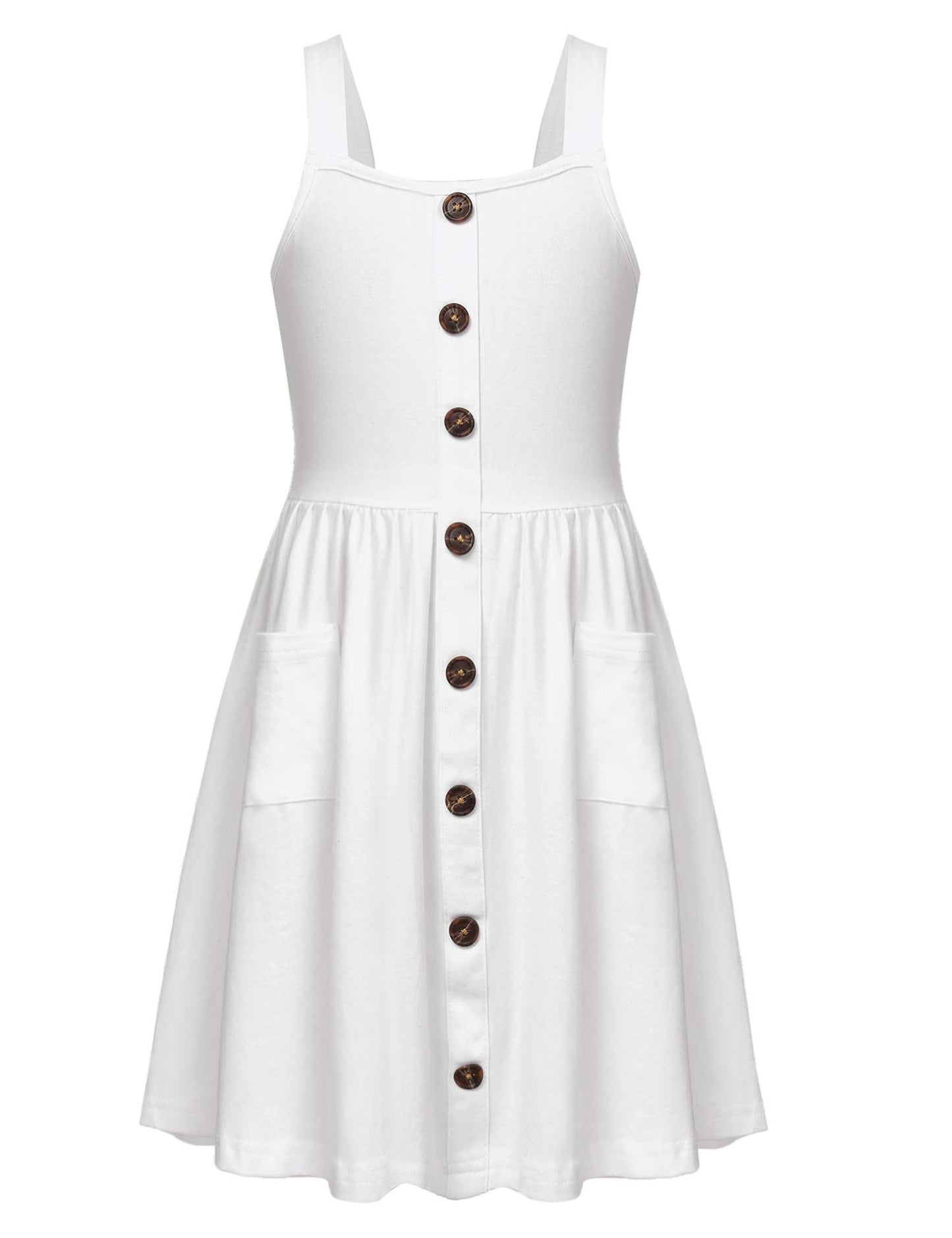 Arshiner Girls Dresses Sleeveless Children's Dress Button Front Strap Dress Summer Cotton Swing Dress Festive A-Line Casual Dress Elegant Dress for Girls 5-14 Years