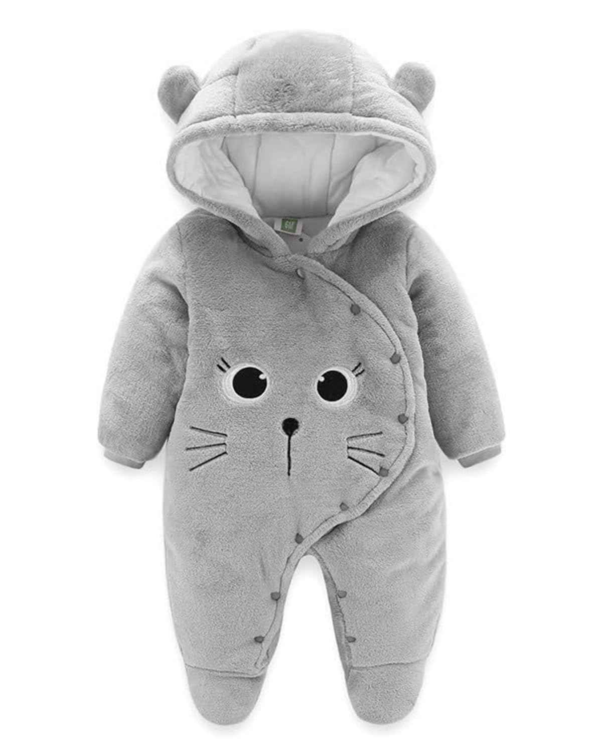 JiAmy Baby-Overall Baby-Strampler Flanell Winter-Strampelanzug mit Füßchen Kapuze Cartoon,Khaki 6-9 Monate