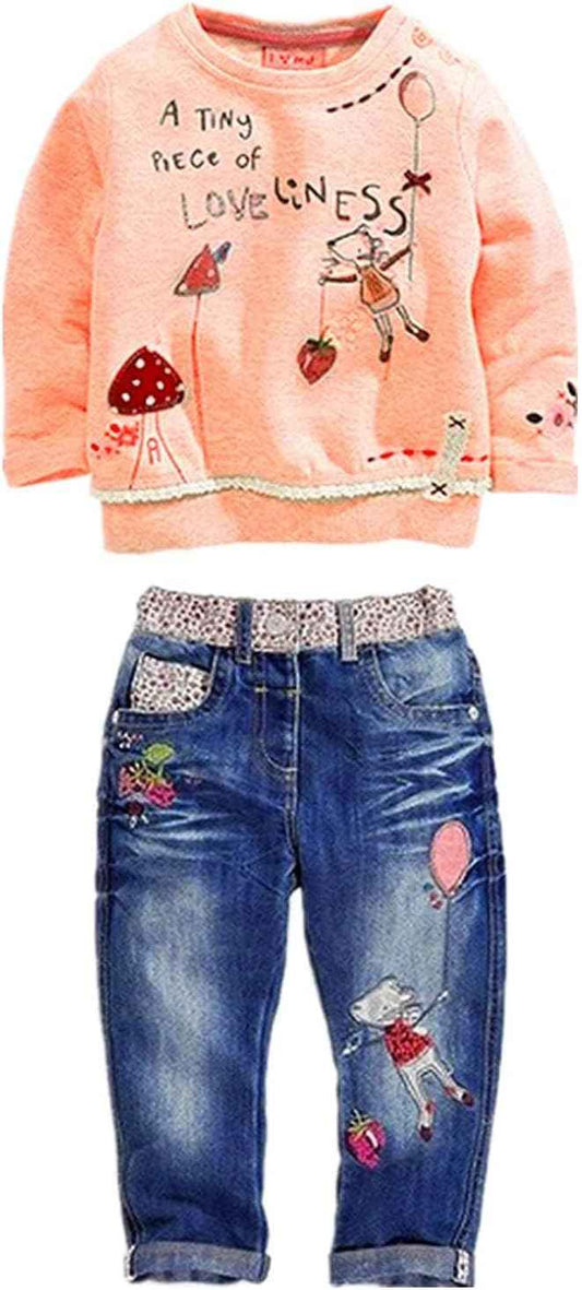 MAXIMGR Baby-Kleidung für Mädchen, Kleinkind, Mädchen, Herbst-Outfit, niedlich, langärmelig, Cartoon-Pullover, Denim-Hose, Sets für Herbst und Winter