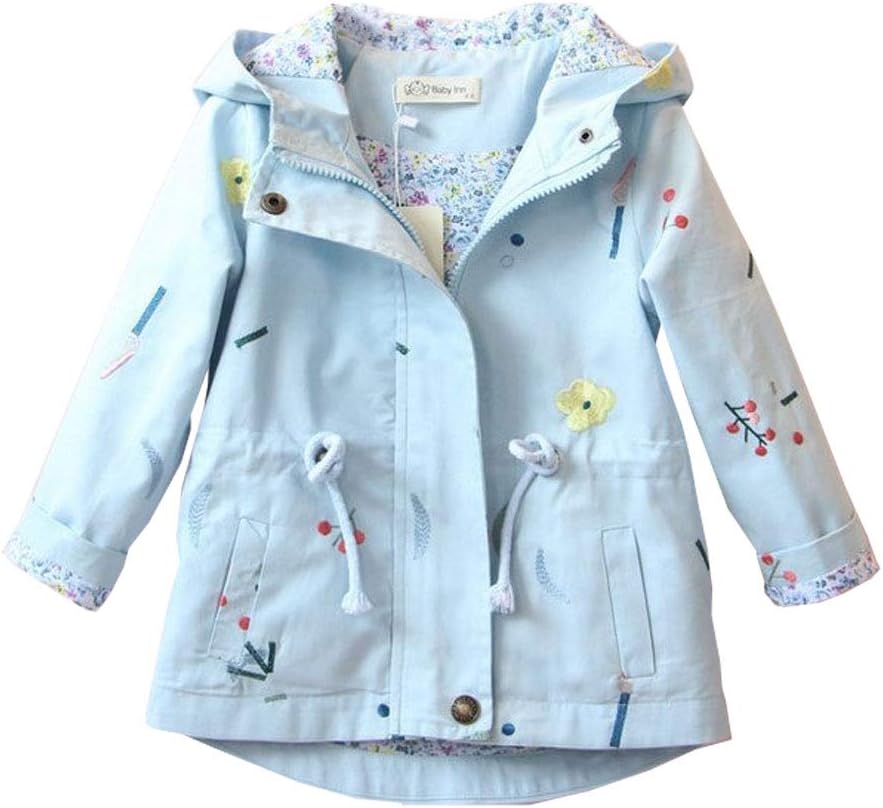 SXSHUN Girls' Windbreaker Jacket with Hood and Floral Embroidery, Hooded Trench Coat