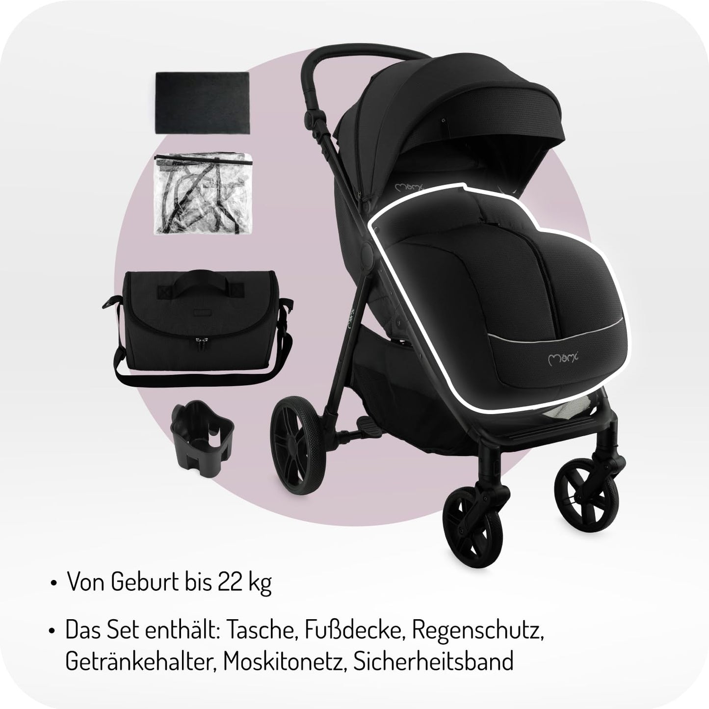 MoMi Kinderbuggy CLARA, Kinderwagen ab dem 6. Lebensmonat, bis 22 kg Körpergewicht, 5-Punkt-Sicherheitsgurt, Fußsack, Getränkehalter, Einkaufskorb, Wickeltasche, Insekten- und Regenschutz