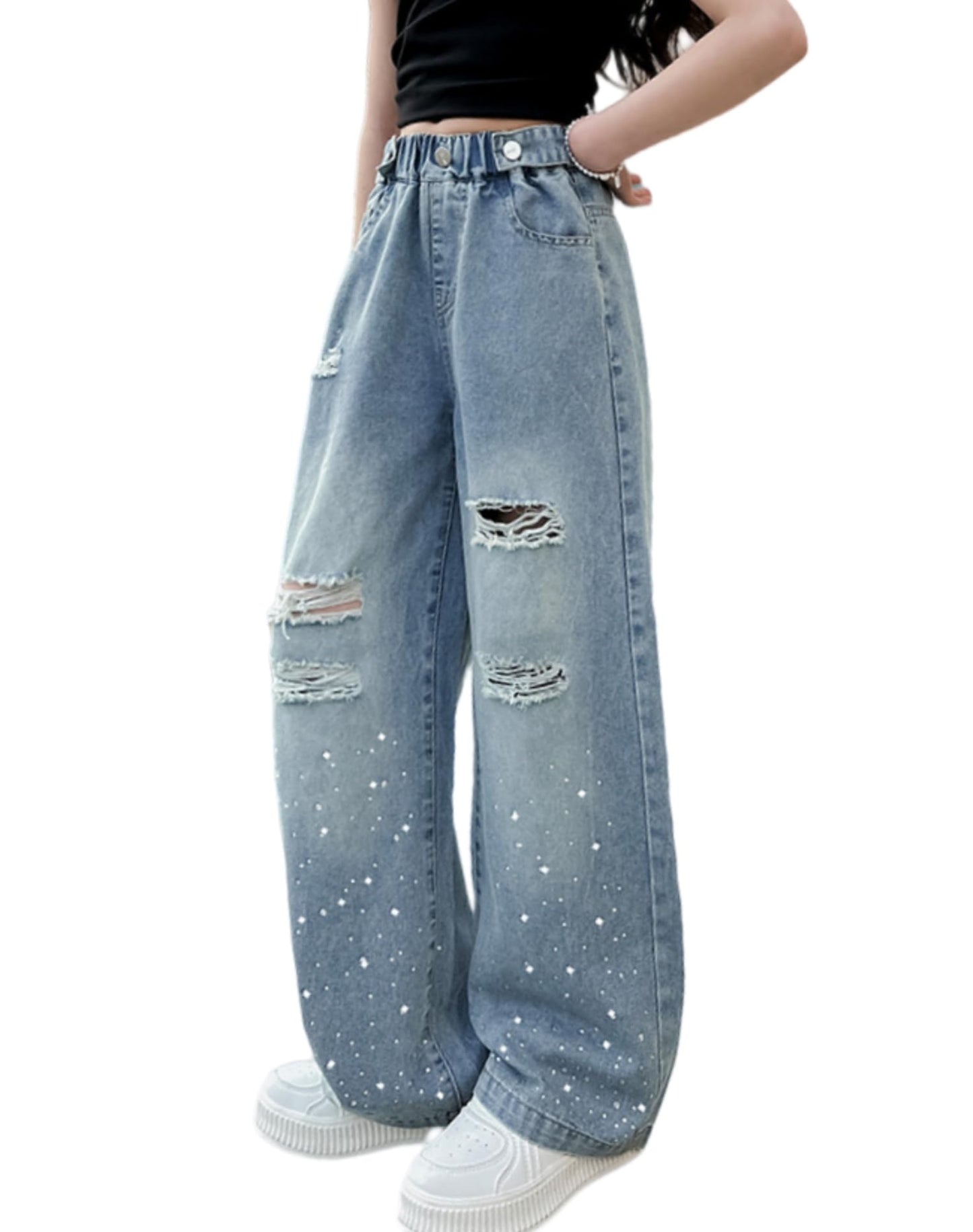 Rolanko Girls' Jeans Trousers with Hole, Denim Blue Jeans, Vintage Trousers With Wide Leg for Children