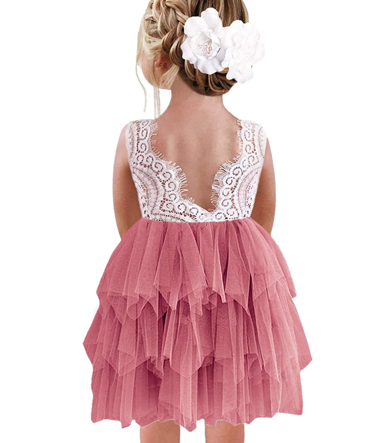Beganly Mädchen Festtagskleider Spitze V-Rücken Kleid ärmellos Flauschig Tüll Prinzessin Partykleid Blumenmädchen Kleider