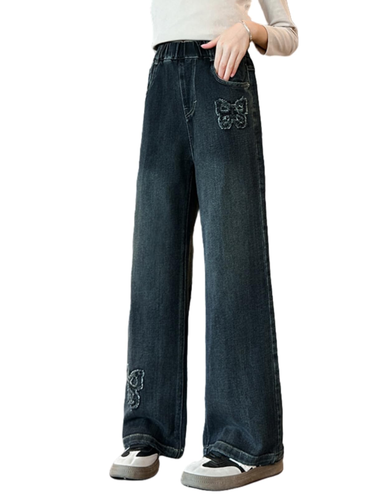 Rolanko Girls' Jeans Trousers with Hole, Denim Blue Jeans, Vintage Trousers With Wide Leg for Children