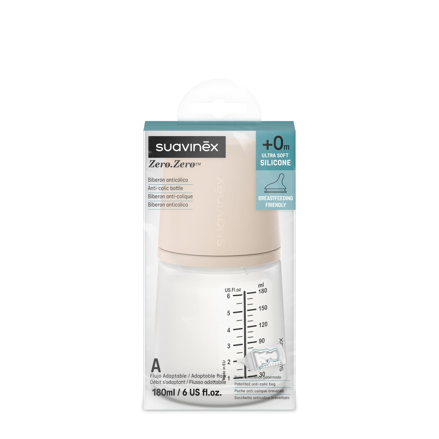 Suavinex, Anti-Colic Babyflasche Zero Zero,mit mittlerem Silikonsauger (M), für Babys ab 3 Monaten, Empfohlen für gestillte Babys und Flaschennahrung, 270 ml, Deep - Meloni2