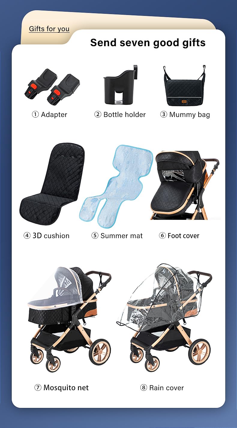 YAZOCO Kinderwagen 3 in 1 Buggy Babybett Komplett Set mit einem Klick Zusammenklappbarer Kinderwagen, KombiKinderwagen Aluminiumrahmen für Neugeborene Sitzzubehör