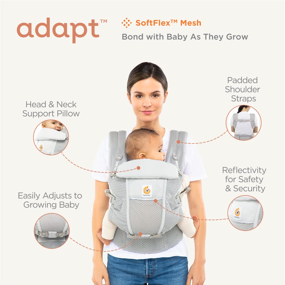 Ergobaby Adapt Babytrage für Neugeborene ab Geburt, 3-Positionen SoftFlex Mesh Ergonomische Babybauchtrage Rückentrage Baby-Tragetasche, Natural Beige, 1 Einheit