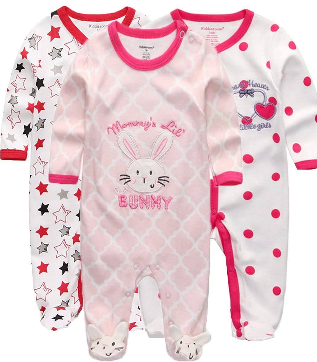 Kiddiezoom Unisex Baby Boys Girls Sleepsuit Pajamas Cotton Overalls Rompers, 3 Pack