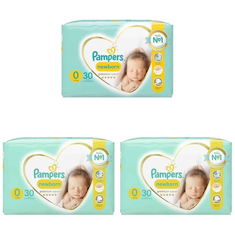 Pampers Pampers Premium Care Nappies Size 0 (<3 kg), Pack of 30, Best Comfort and Protection for Sensitive Skin (Pack of 3)