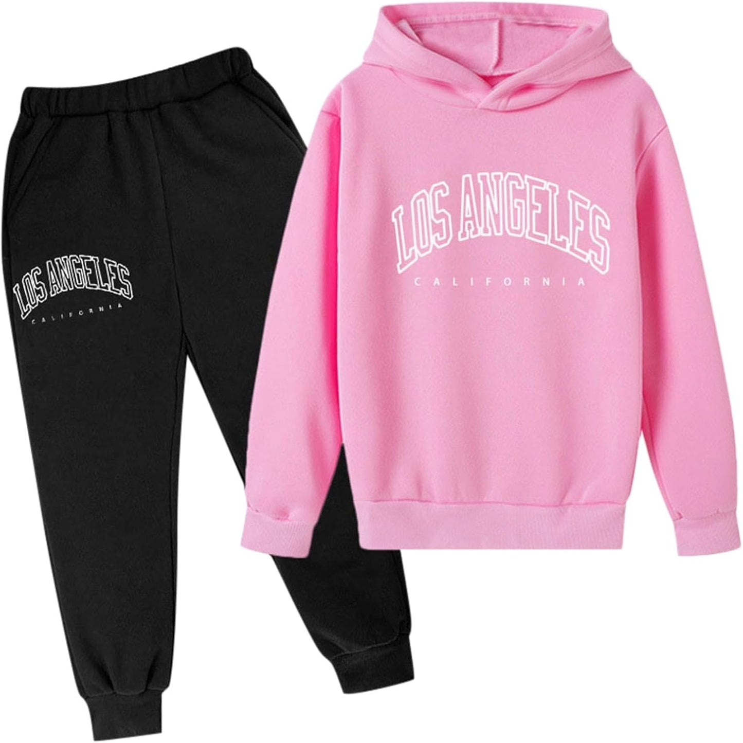 Los Angeles California Herbst-Outfit für Mädchen, 2-teilig, Kapuzenpullover, bequem, Kleinkind, Sweatsuits, Kapuzen-Sweatshirt, Sweathosen-Set, grafische Buchstaben, Sweatsuit-Set, lässige Jogginghose