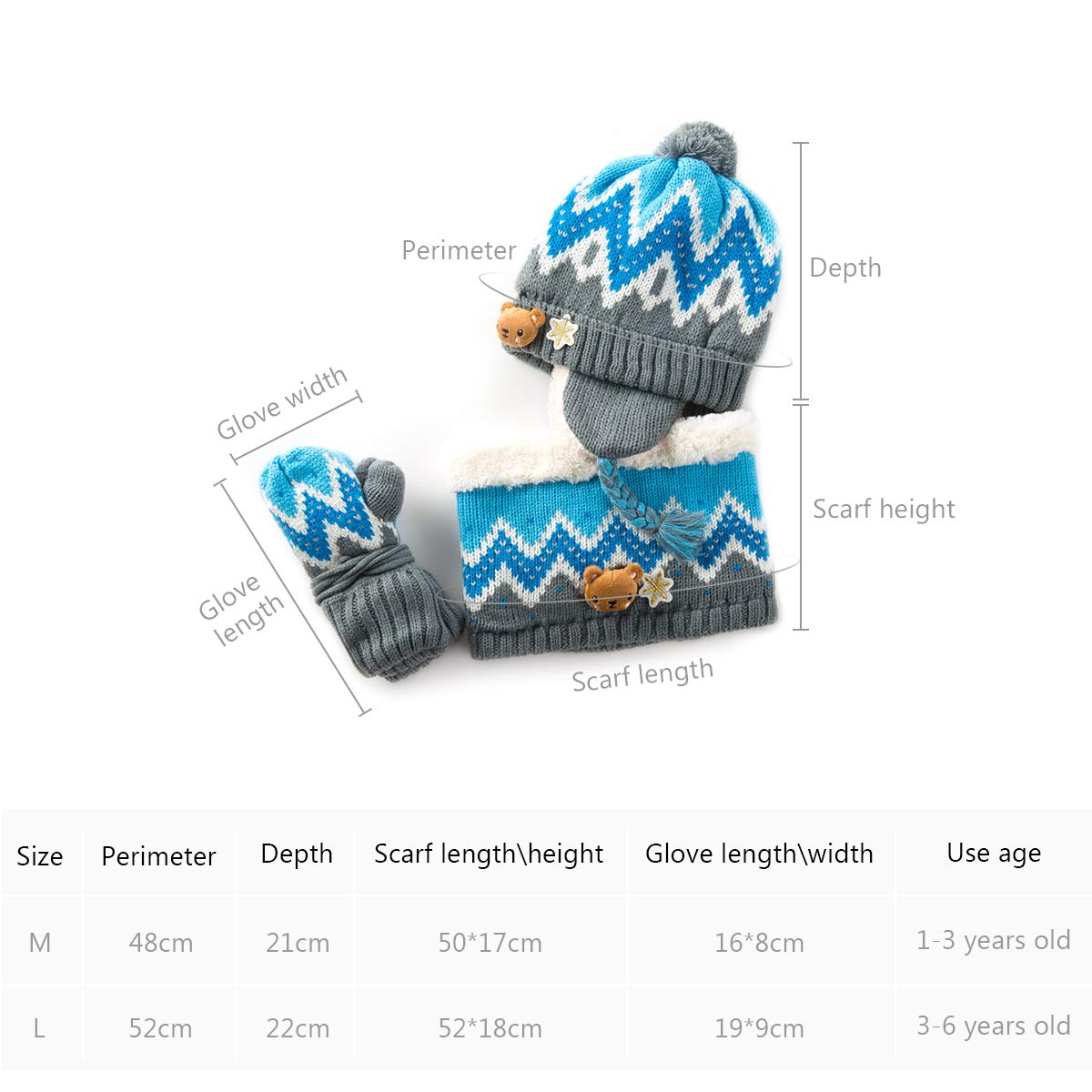DORRISO Unisex-Baby Jungen Mädchen Mütze Schal Handschuh Set Niedlich Frühling Winter Herbst Beanie Strickmütze Warm Niedlich Klein Fuchs Wintermütze 1-6 Jahre alt