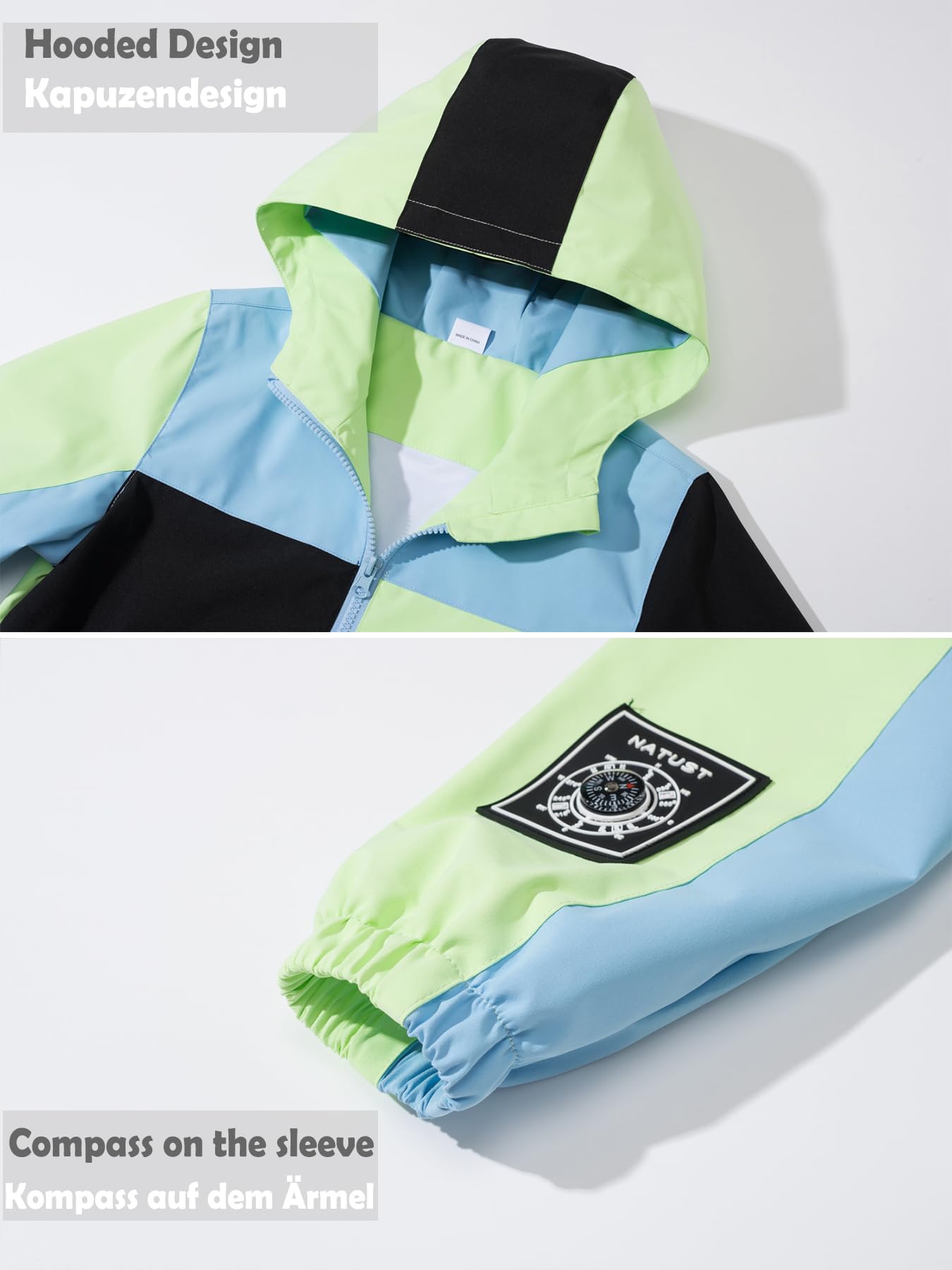 NATUST Kids Boys Waterproof Jacket Lightweight Transition Jacket Windproof Rain Jacket with Hood