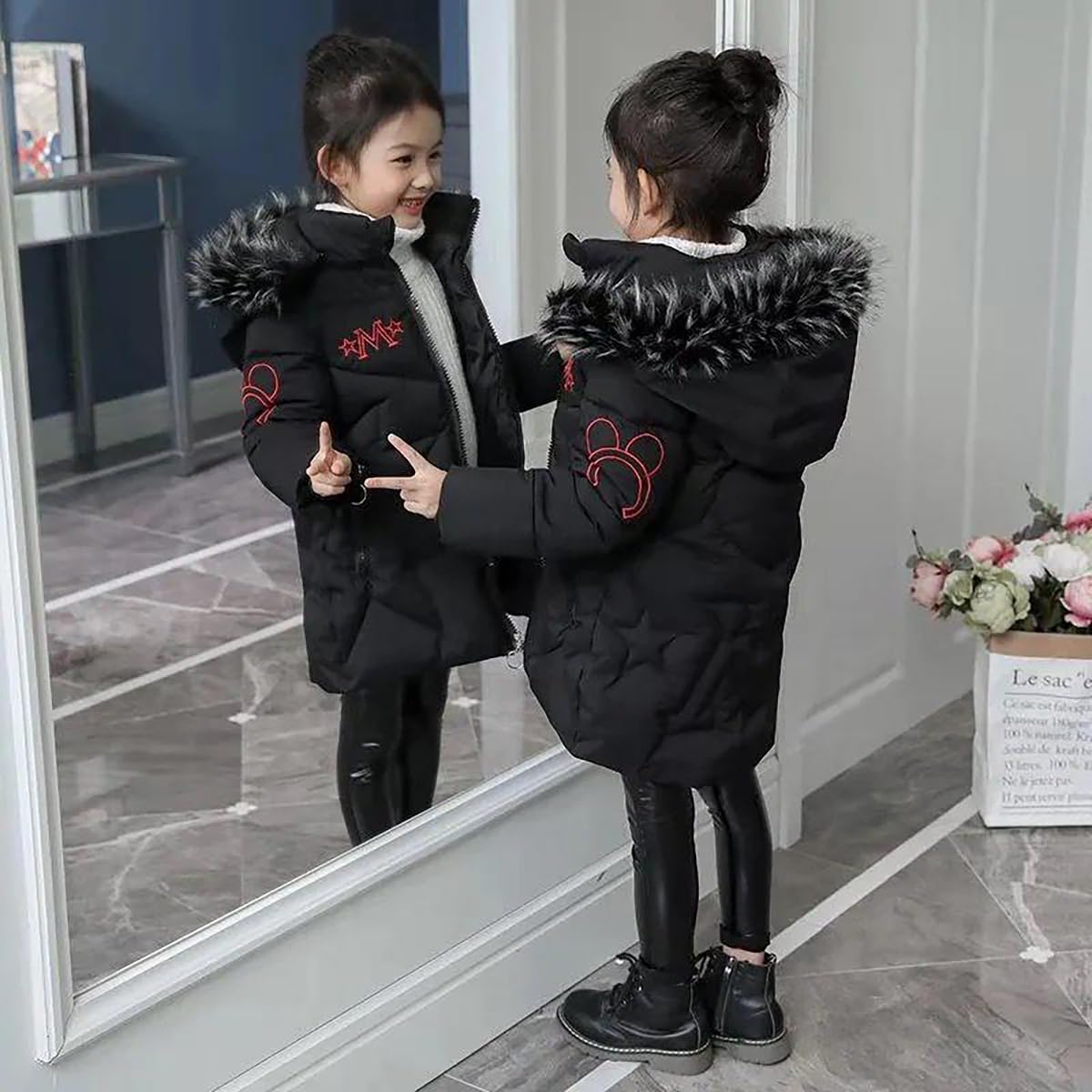 linboo Girls' Winter Jacket with Removable Fur Hood Warm Long Coat Children's Parka Outdoor Jacket with Letters and Cute Patterns