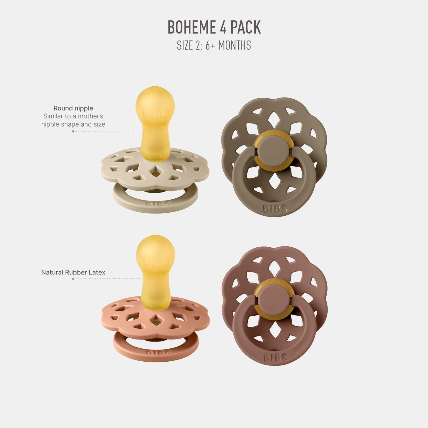 BIBS Boheme Schnuller 4er-Pack. BPA-frei, Kirschform Nippel. Naturkautschuk/Latex, Hergestellt in Dänemark. Größe 1/2, (0-6 Monate/6-18 Monate), (4er Pack), Vanilla Mix