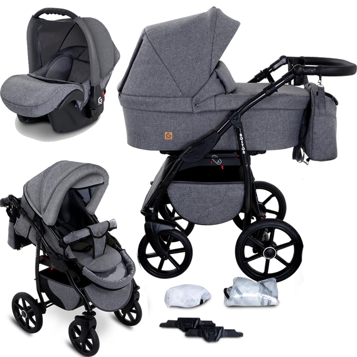 GaGaDumi Boston Kinderwagen 3 in 1 Komplettset mit Autositz - Kombikinderwagen mit großen Rädern - TÜV-zertifiziert - Baby Stroller Set - für Neugeborene und Kleinkinder Schwarz