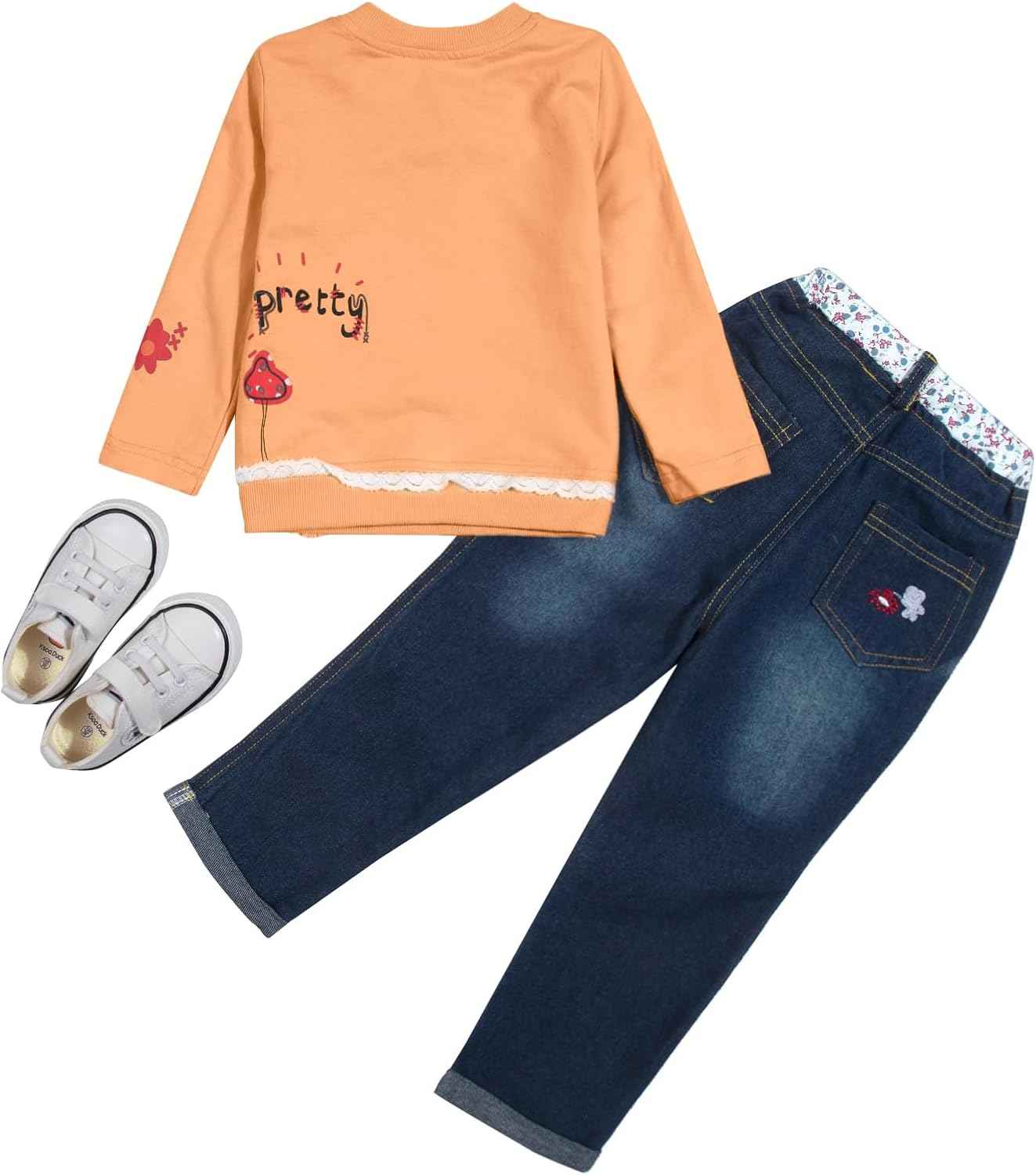MAXIMGR Baby-Kleidung für Mädchen, Kleinkind, Mädchen, Herbst-Outfit, niedlich, langärmelig, Cartoon-Pullover, Denim-Hose, Sets für Herbst und Winter