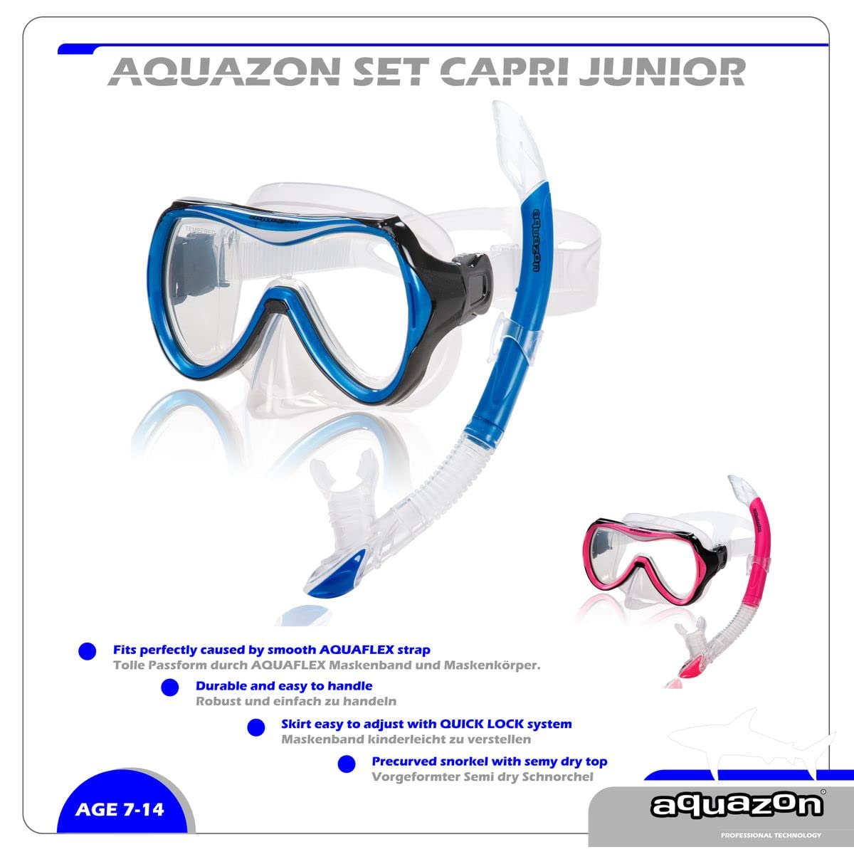 AQUAZON Capri extra Komfortables Kinder Schnorchelset, Taucherbrille mit superweichem Silikon, 7-12 Jahre, glasklarer Blick durch temperiertes Glas