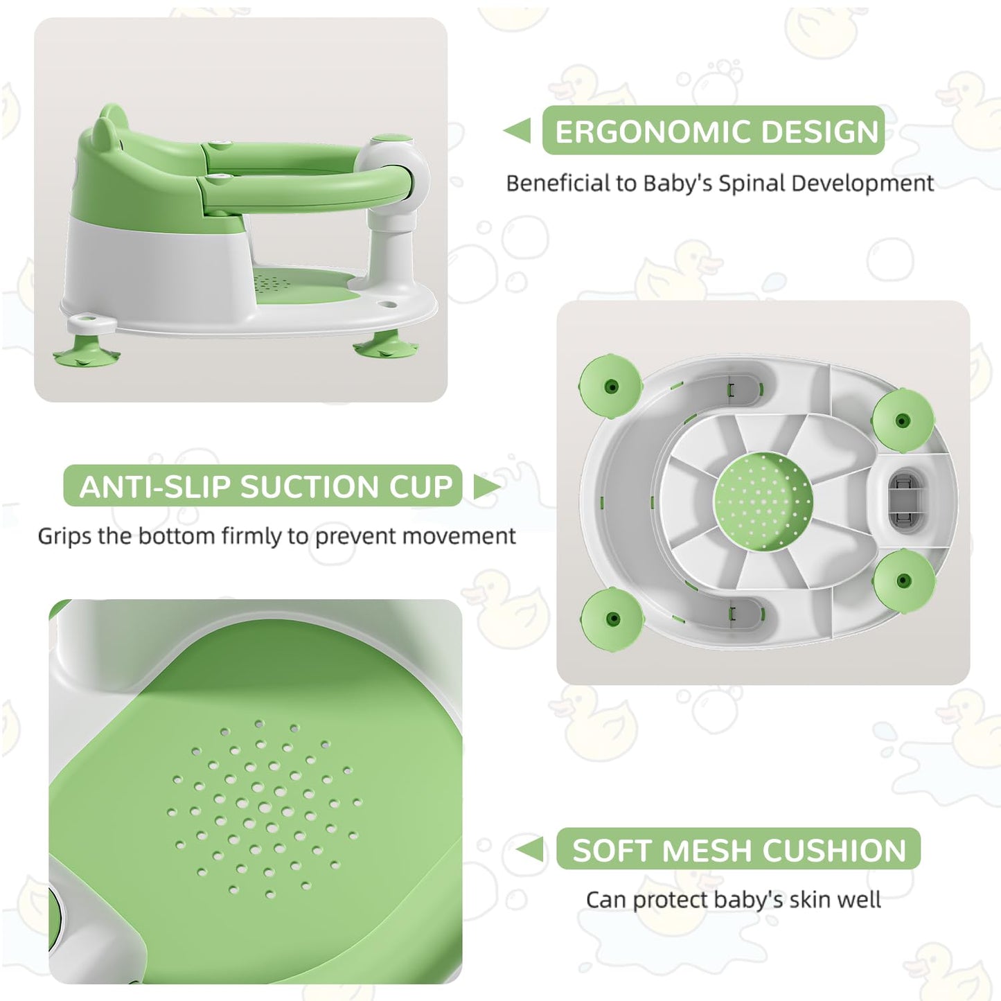 Baby Bath Seat from 6 Months, Bear Non-Slip Bath Seat Baby with 4 Suction Cups and Cushions for Toddlers and Newborns, Safe Portable Bath Chair for Shower or Bathtub, Pink