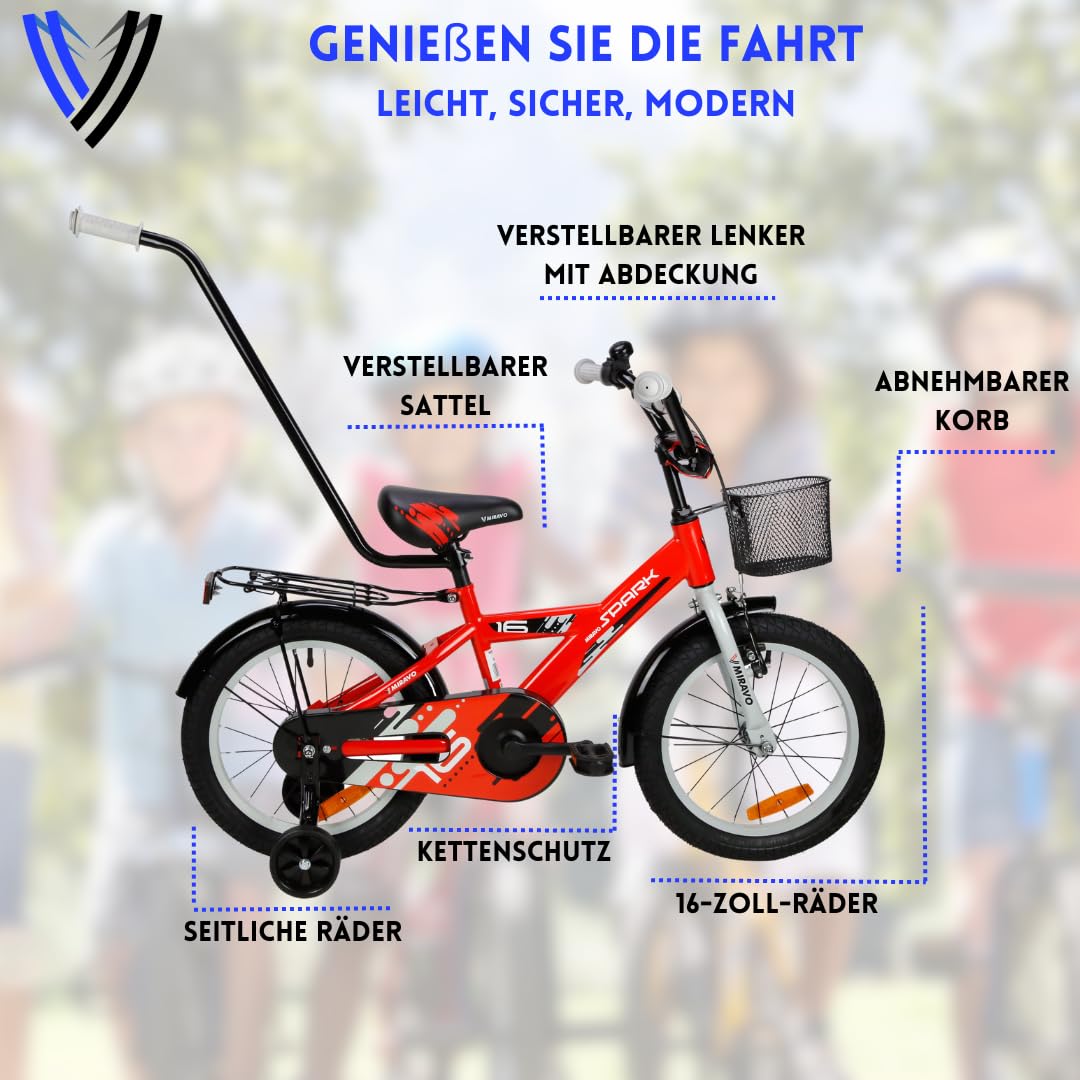 MIRAVO Kinderfahrrad Fahrrad Kinder Ab 2 Bis 8 Jahre Mit Stützrädern Schubstange V-Brake Bremsen Rückstrahl Aufkleber 12 16 20 Zoll Radgröße Korb Für Junge Spark - Meloni2