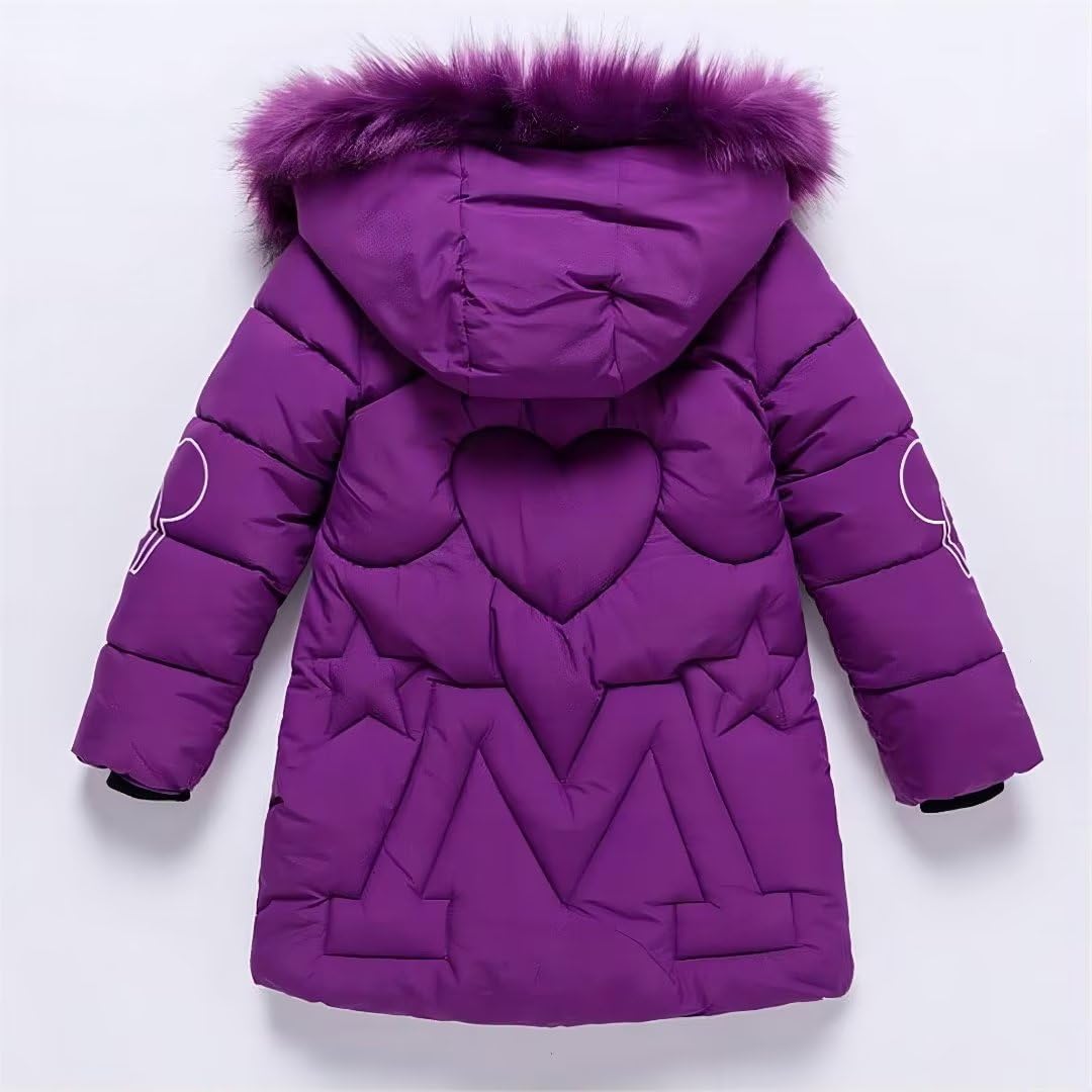 linboo Girls' Winter Jacket with Removable Fur Hood Warm Long Coat Children's Parka Outdoor Jacket with Letters and Cute Patterns