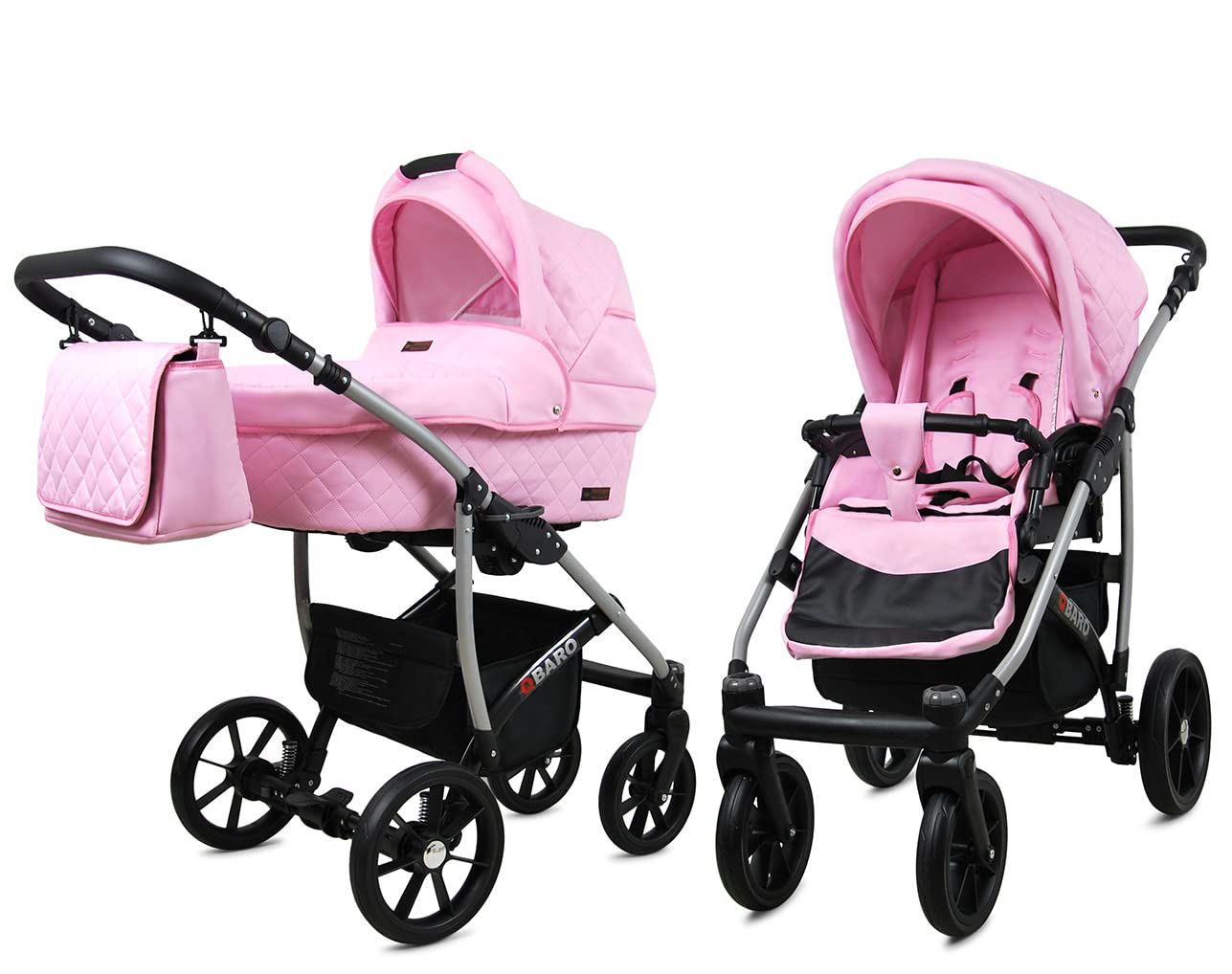 BabyLux® Bambimo Qbaro 3-in-1 Pushchair Set Including Baby Carrycot, Buggy Sports Seat, Car Seat - Car Seat - Pram Set - Combination Pram with Changing Bag, Rain Cover etc.