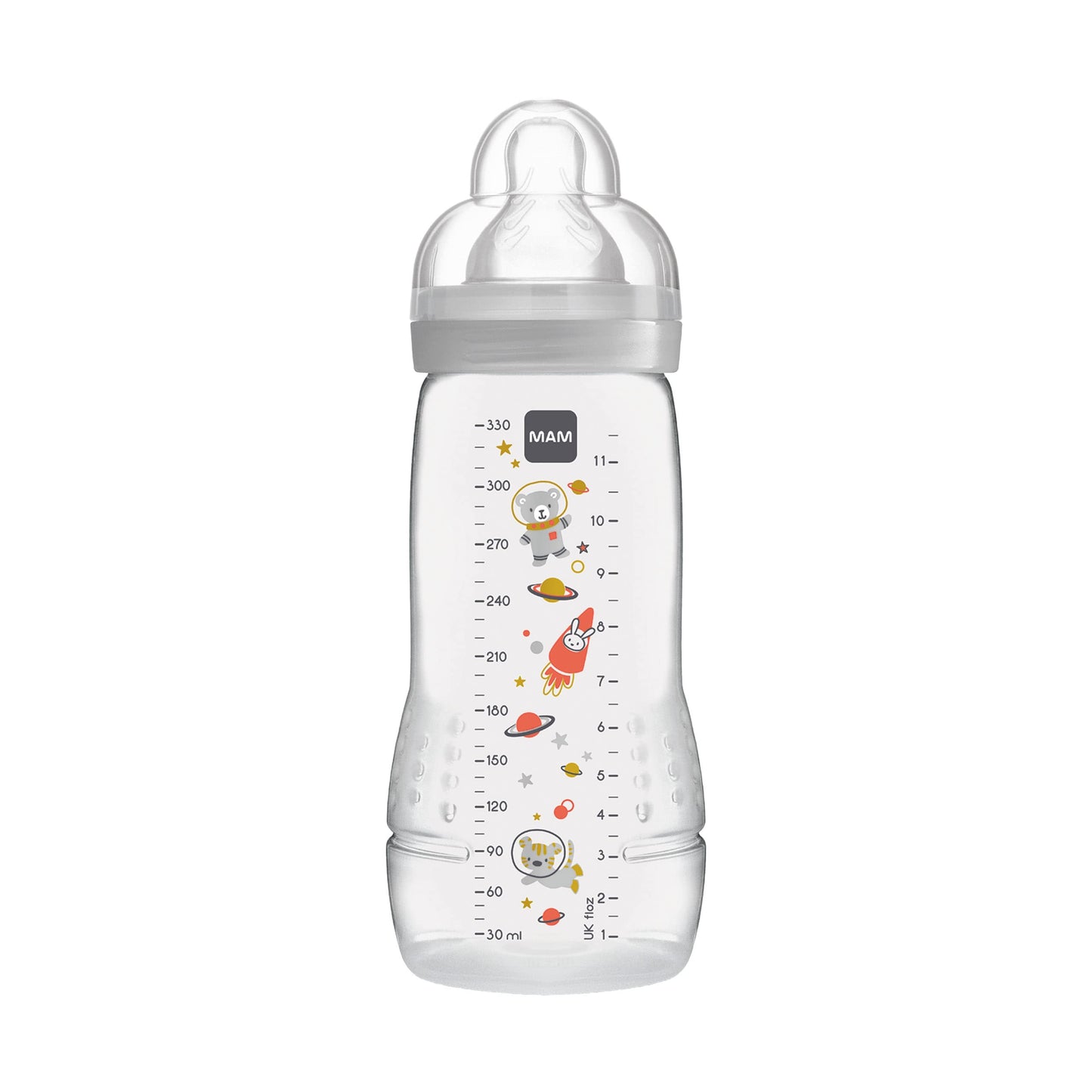 MAM Easy Active Trinkflasche im 2er-Set (330 ml), Baby Trinkflasche inklusive MAM Sauger Größe 2 aus SkinSoft Silikon, Milchflasche mit ergonomischer Form, 4+ Monate, Weltall - Meloni2