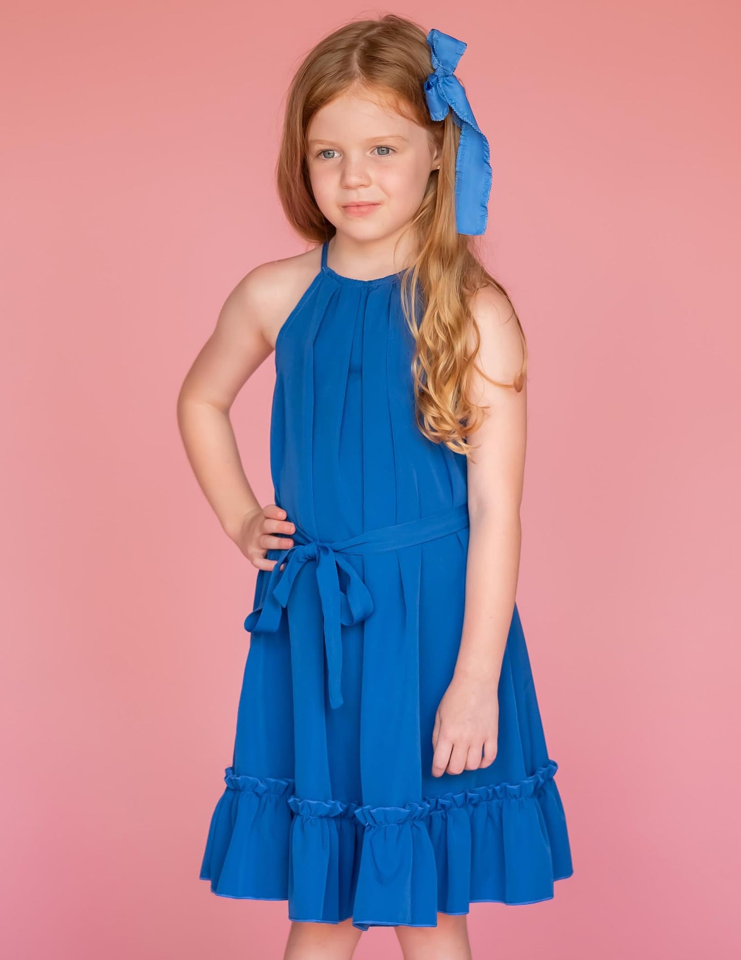 Arshiner Mädchen Kleid Neckholder Sommerkleid Rüschensaum Midikleid A-Linie Kinderkleid Swing Partykleider Abendkleid Kinder Festliche Kleider Freizeitkleid mit Gürtel 6-14 Jahre