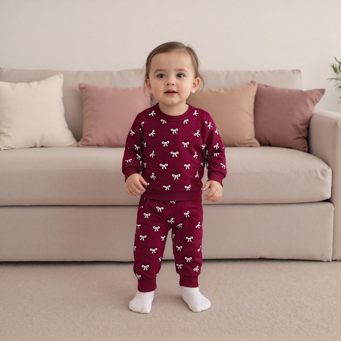 Beauace Baby Girl Clothing Set Bow Print Long Sleeve Sweatshirt + Trousers Newborn Outfit Toddler Two Piece Autumn Winter Baby Clothing